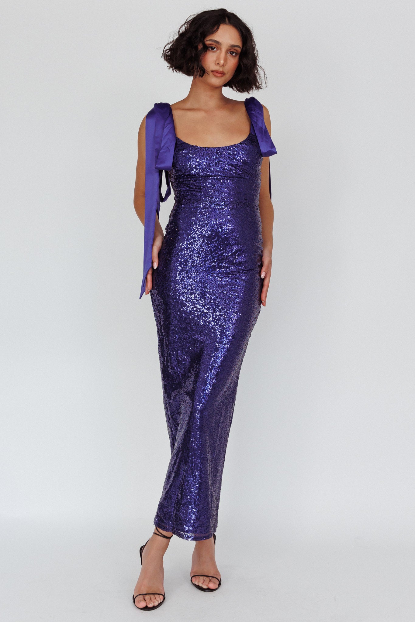 Birthday Wish Tied Shoulder Sequin Maxi Dress Blue-Maymioy