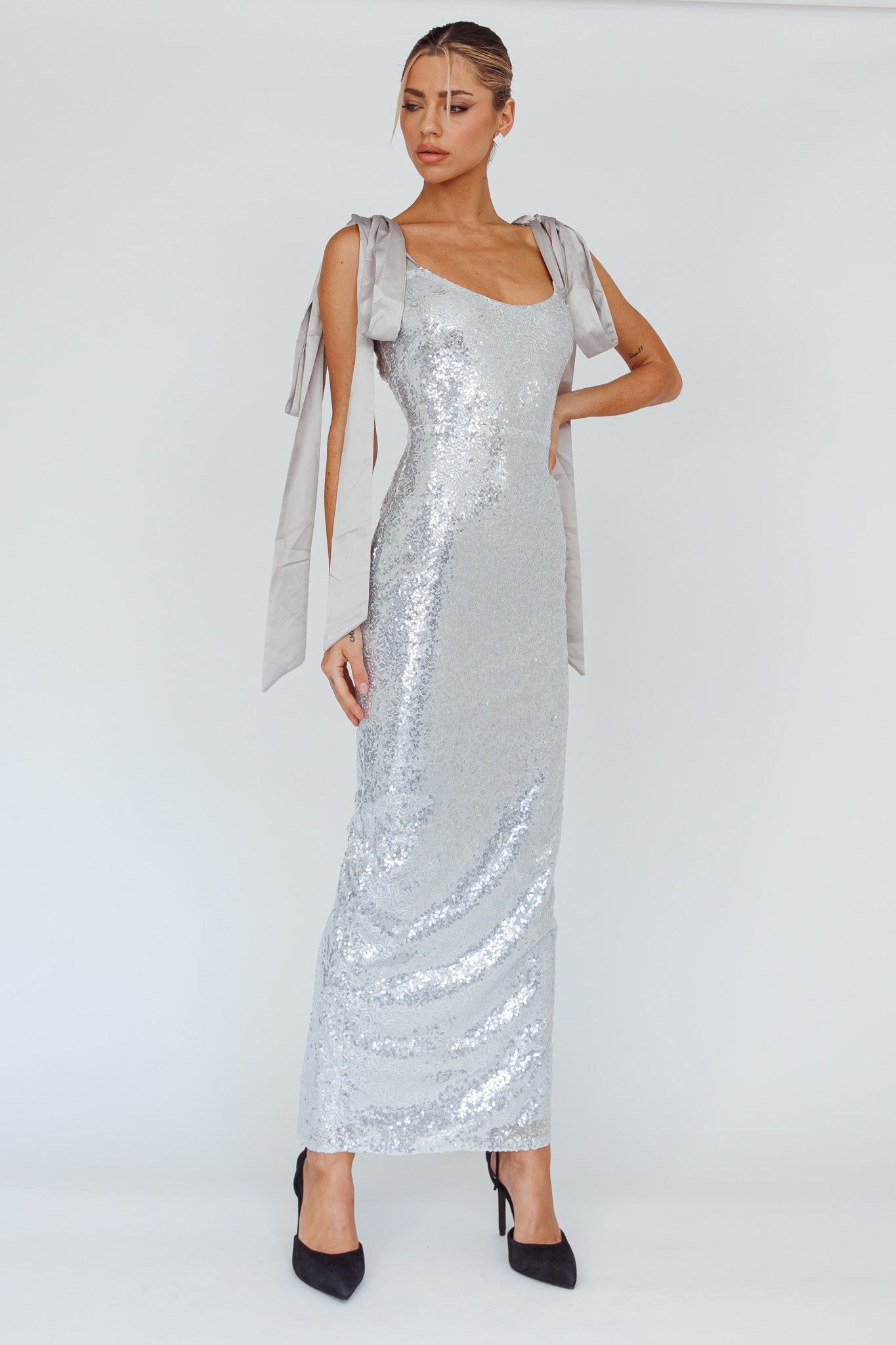 Birthday Wish Tied Shoulder Sequin Maxi Dress Silver-Maymioy