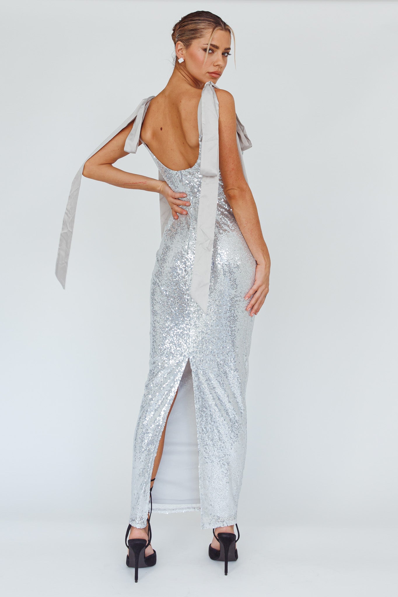 Birthday Wish Tied Shoulder Sequin Maxi Dress Silver-Maymioy