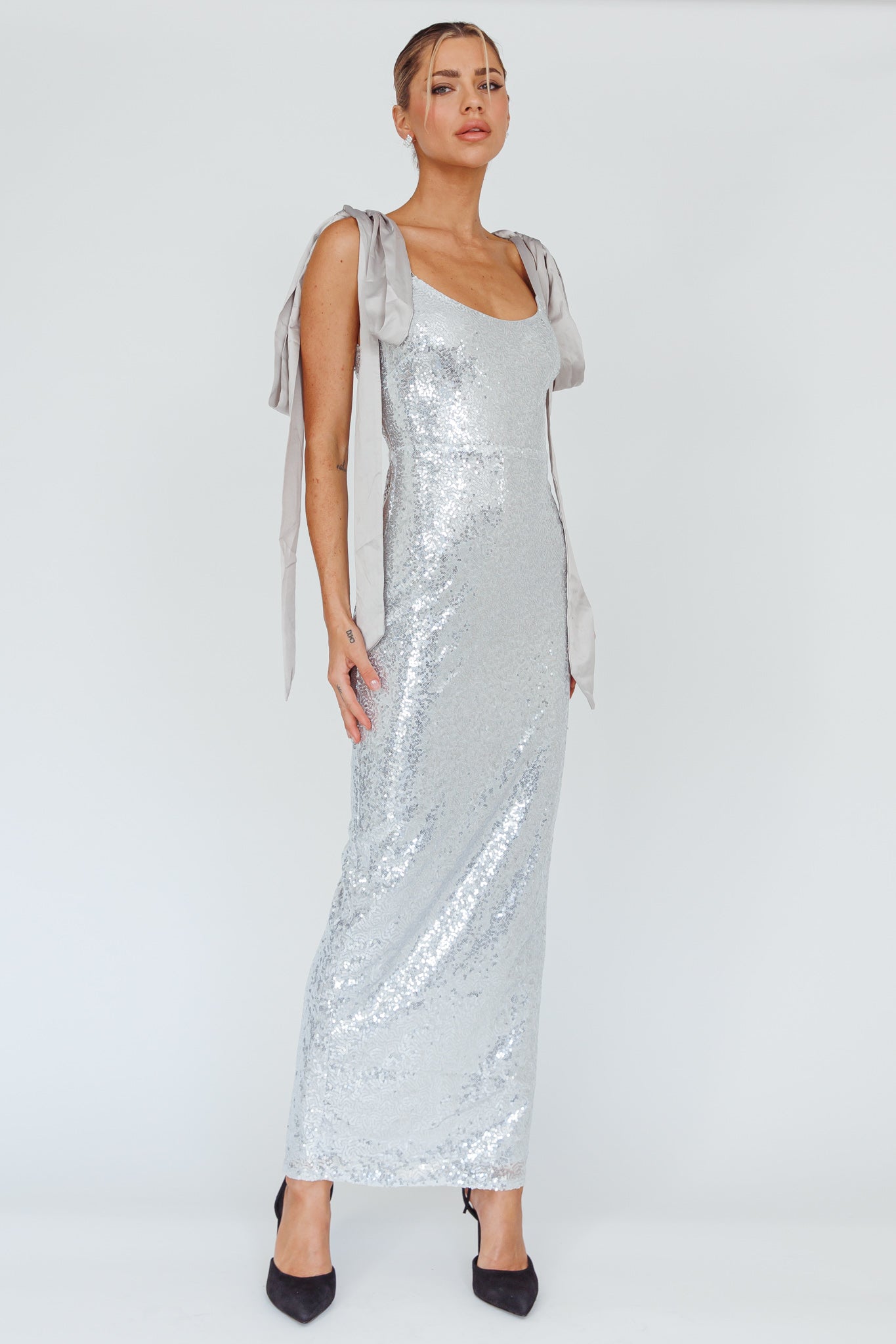 Birthday Wish Tied Shoulder Sequin Maxi Dress Silver-Maymioy