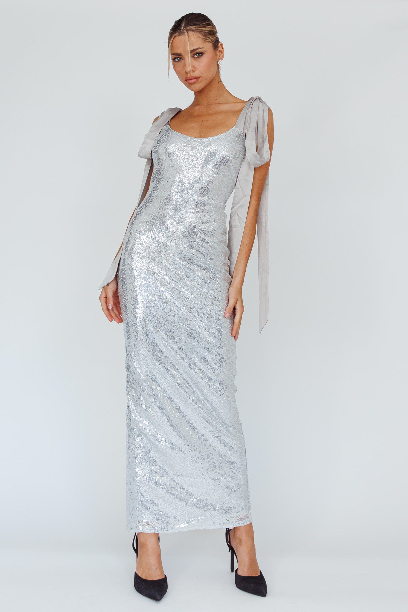 Birthday Wish Tied Shoulder Sequin Maxi Dress Silver-Maymioy