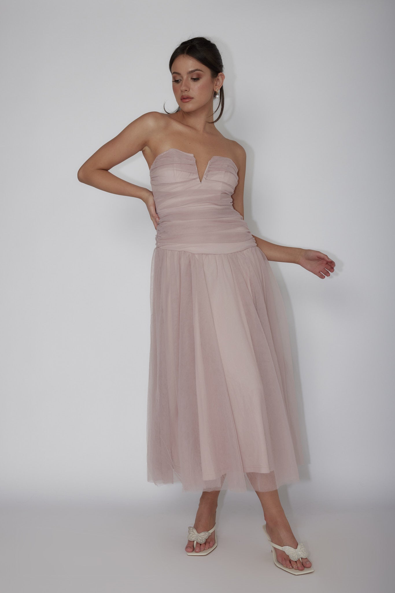 Daphnie Drop Waist Tulle Midi Dress Blush-Maymioy