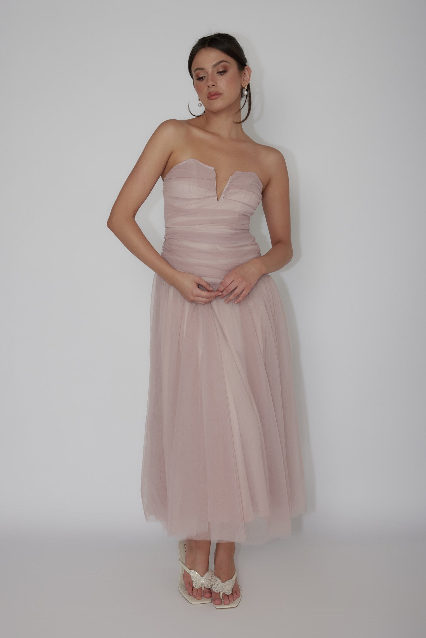 Daphnie Drop Waist Tulle Midi Dress Blush-Maymioy