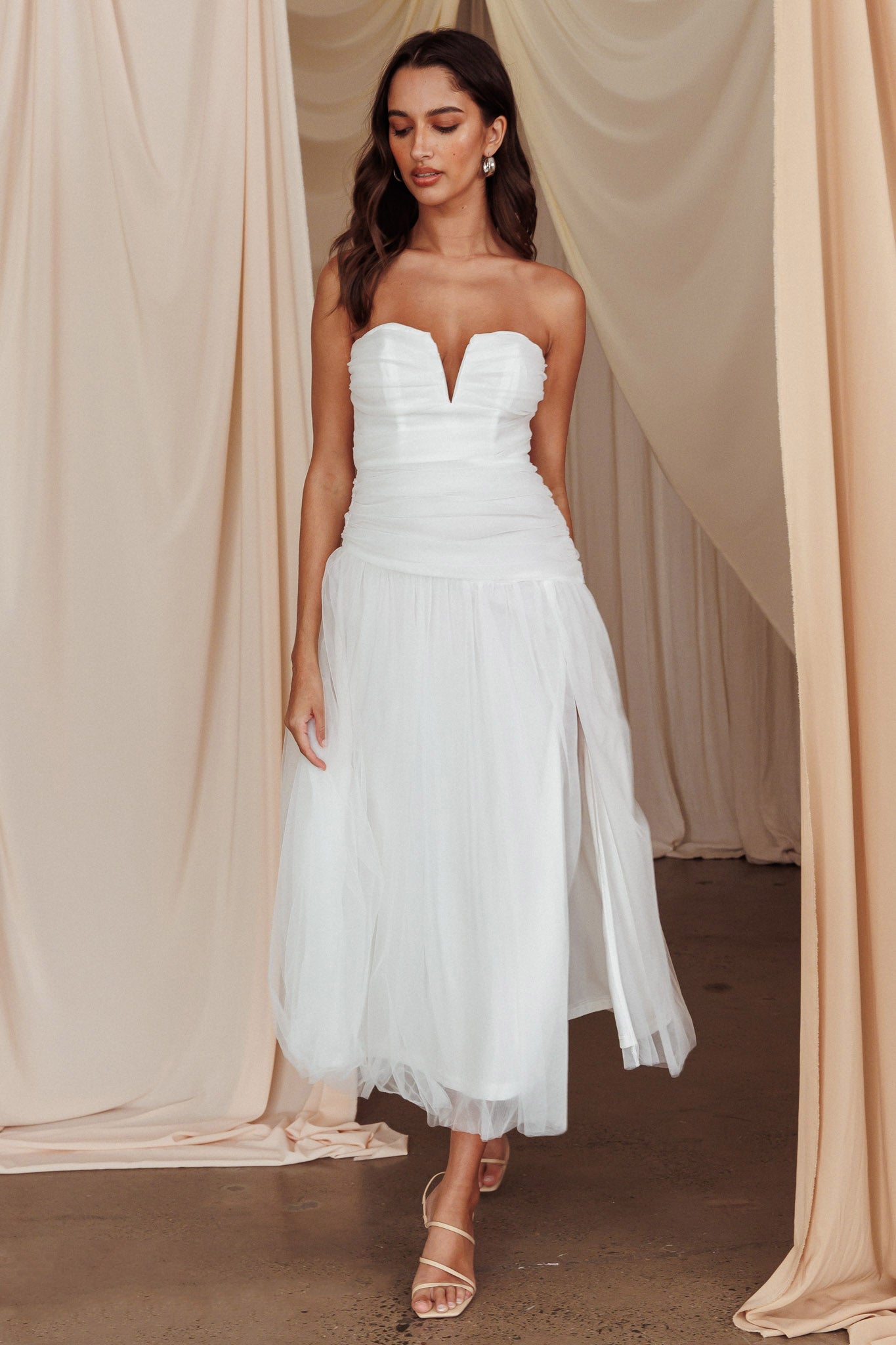 Daphnie Drop Waist Tulle Midi Dress White-Maymioy