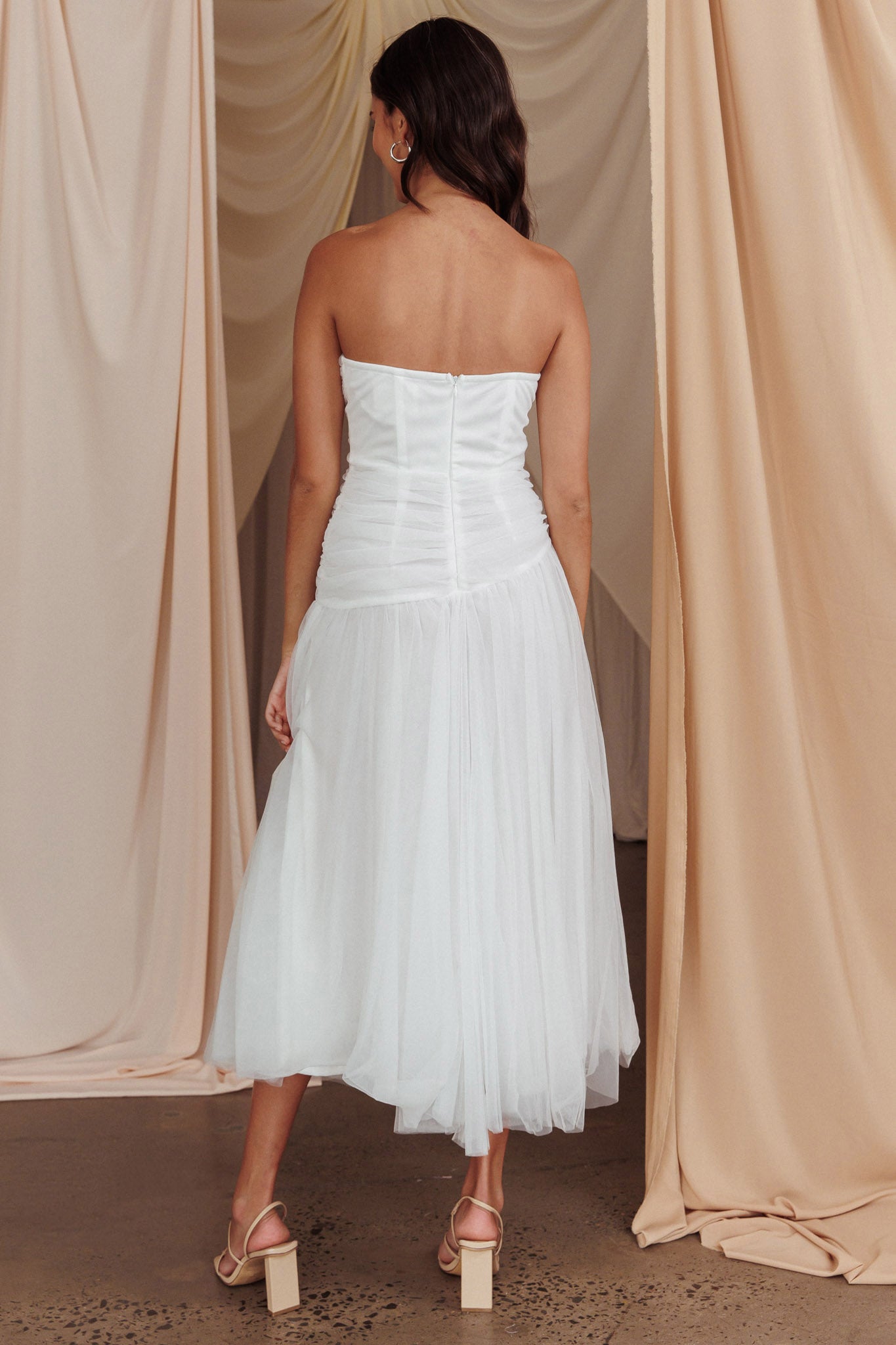 Daphnie Drop Waist Tulle Midi Dress White-Maymioy
