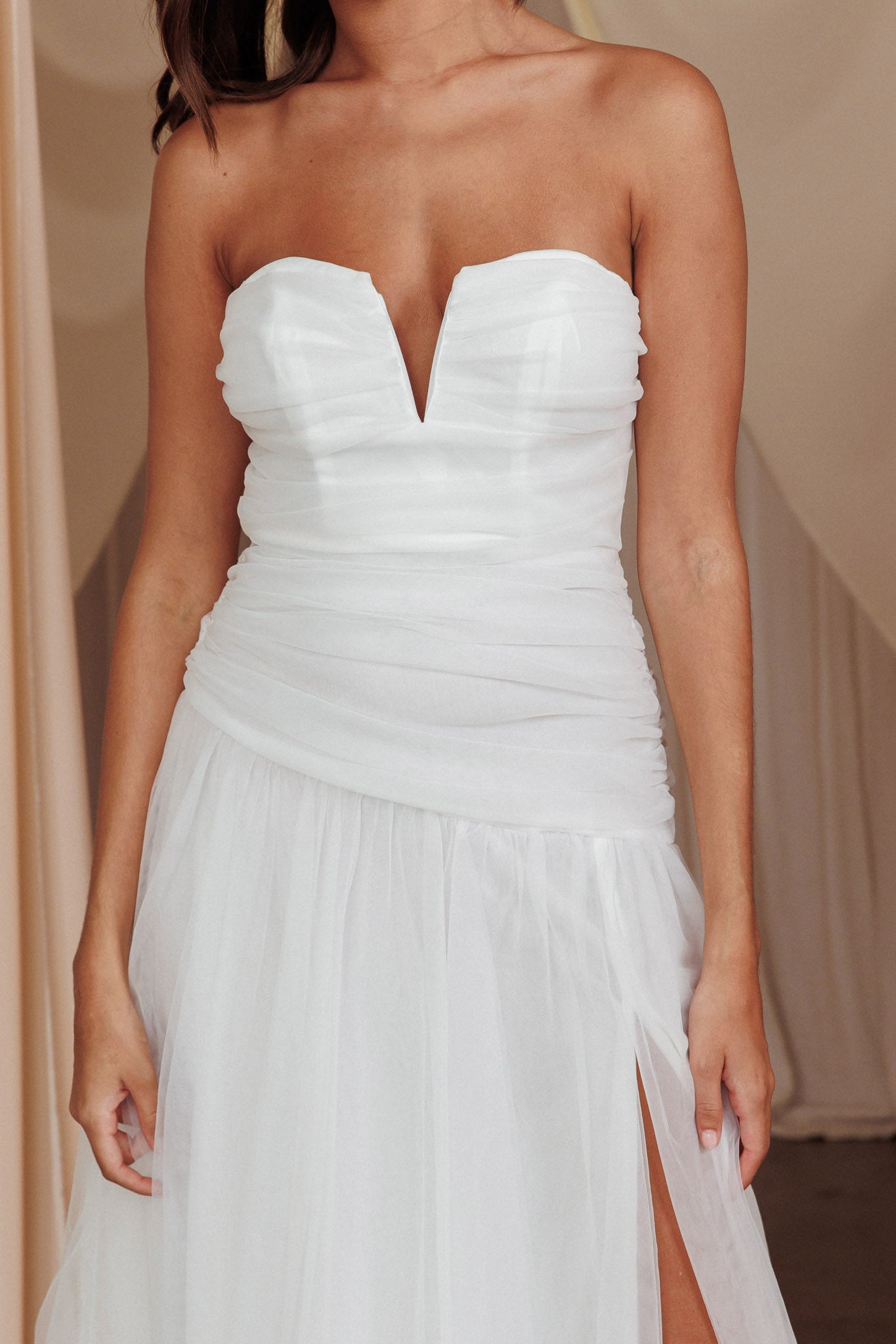 Daphnie Drop Waist Tulle Midi Dress White-Maymioy