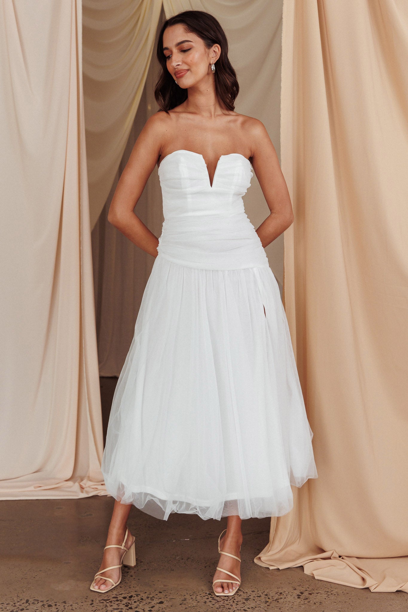 Daphnie Drop Waist Tulle Midi Dress White-Maymioy