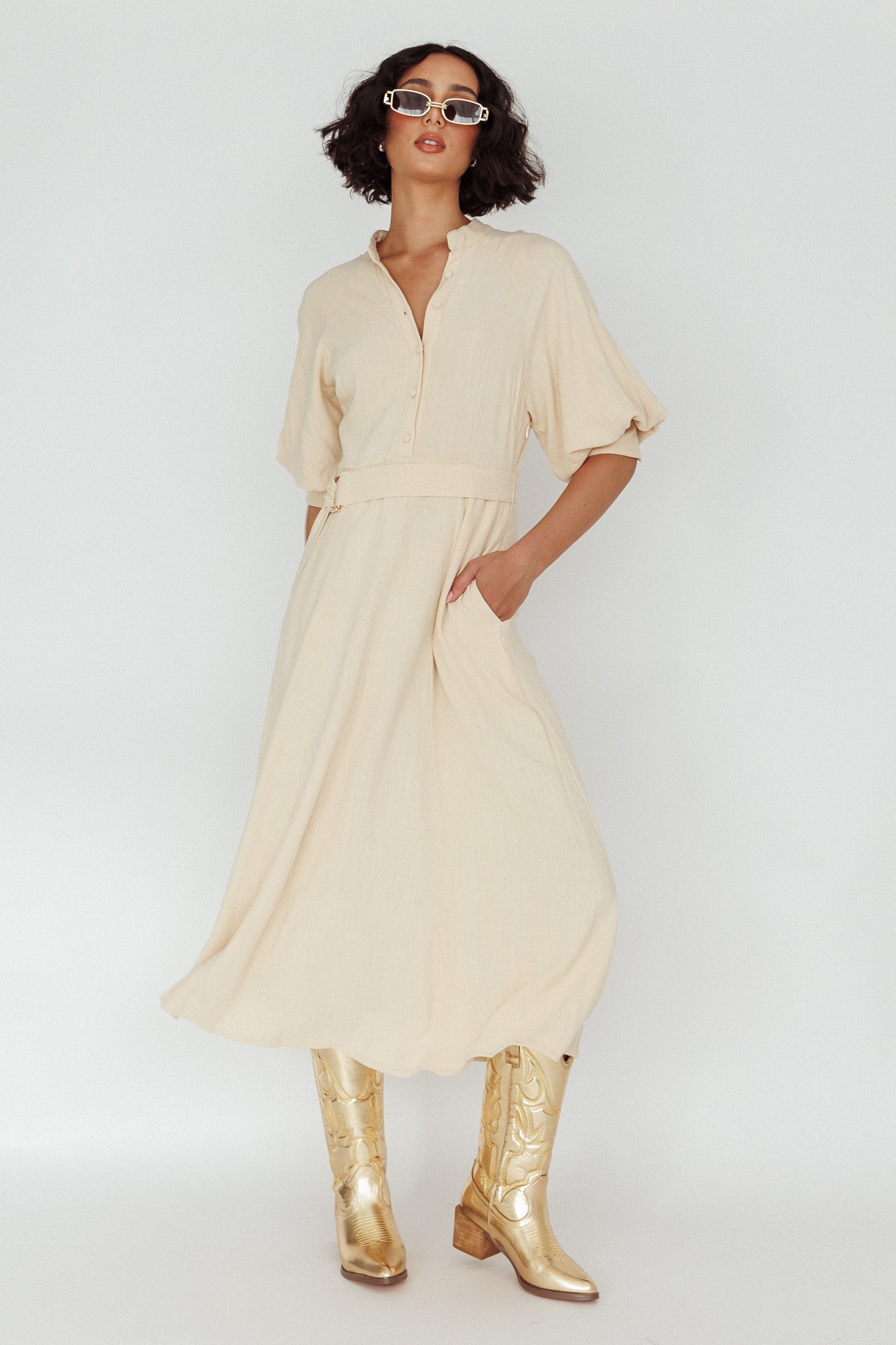 Mallory Belted Waist Lantern Sleeve Midi Dress Beige-Maymioy