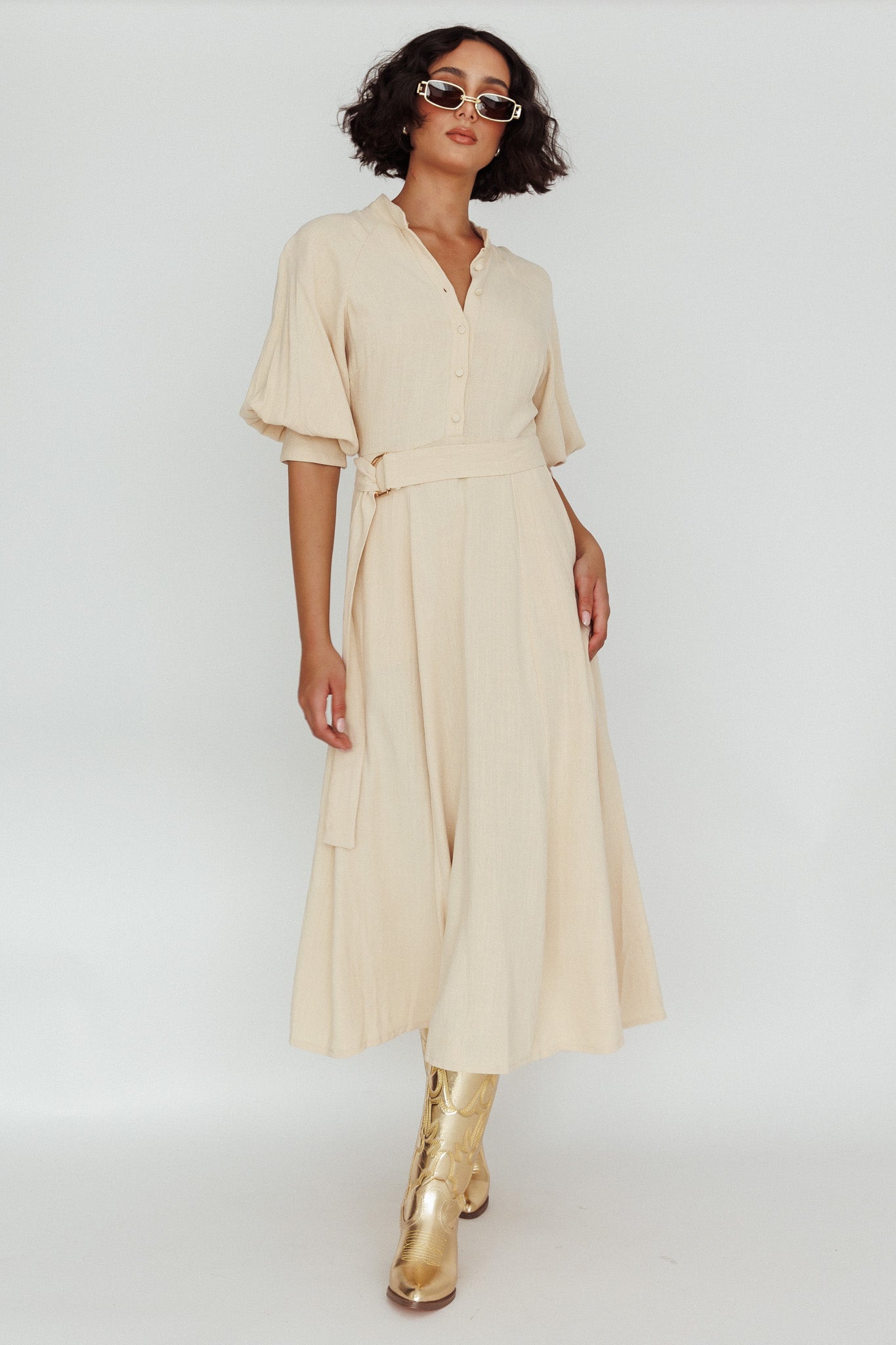 Mallory Belted Waist Lantern Sleeve Midi Dress Beige-Maymioy