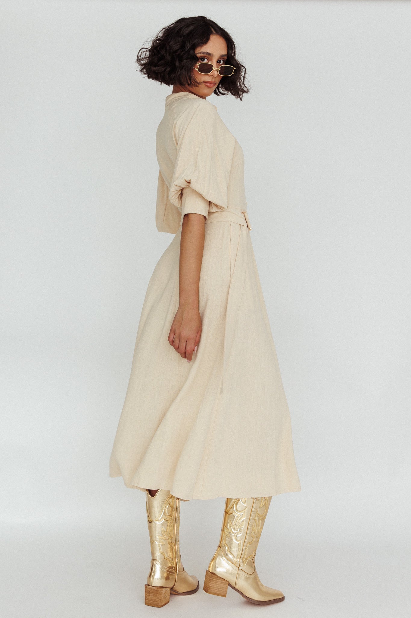 Mallory Belted Waist Lantern Sleeve Midi Dress Beige-Maymioy