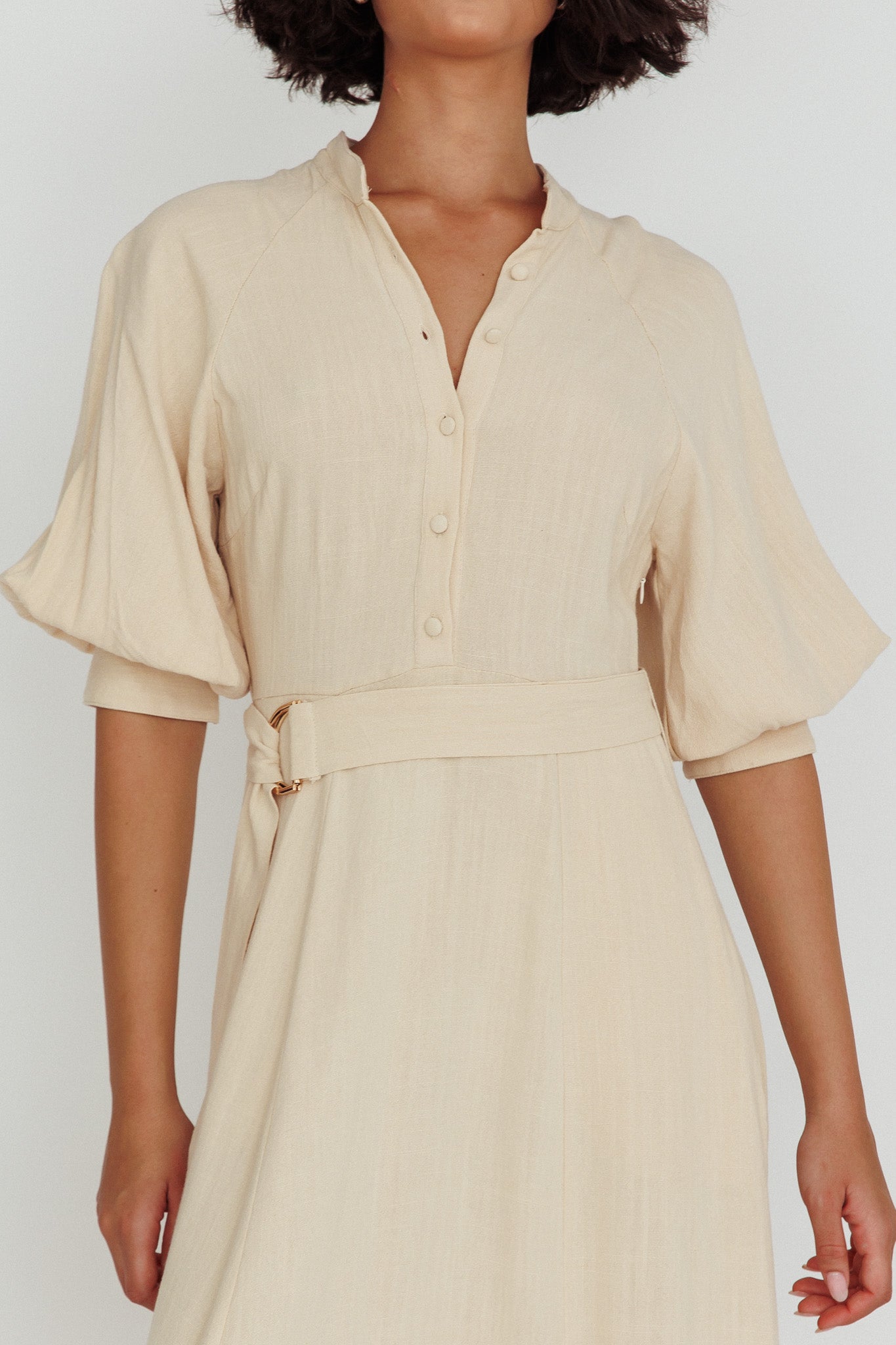 Mallory Belted Waist Lantern Sleeve Midi Dress Beige-Maymioy