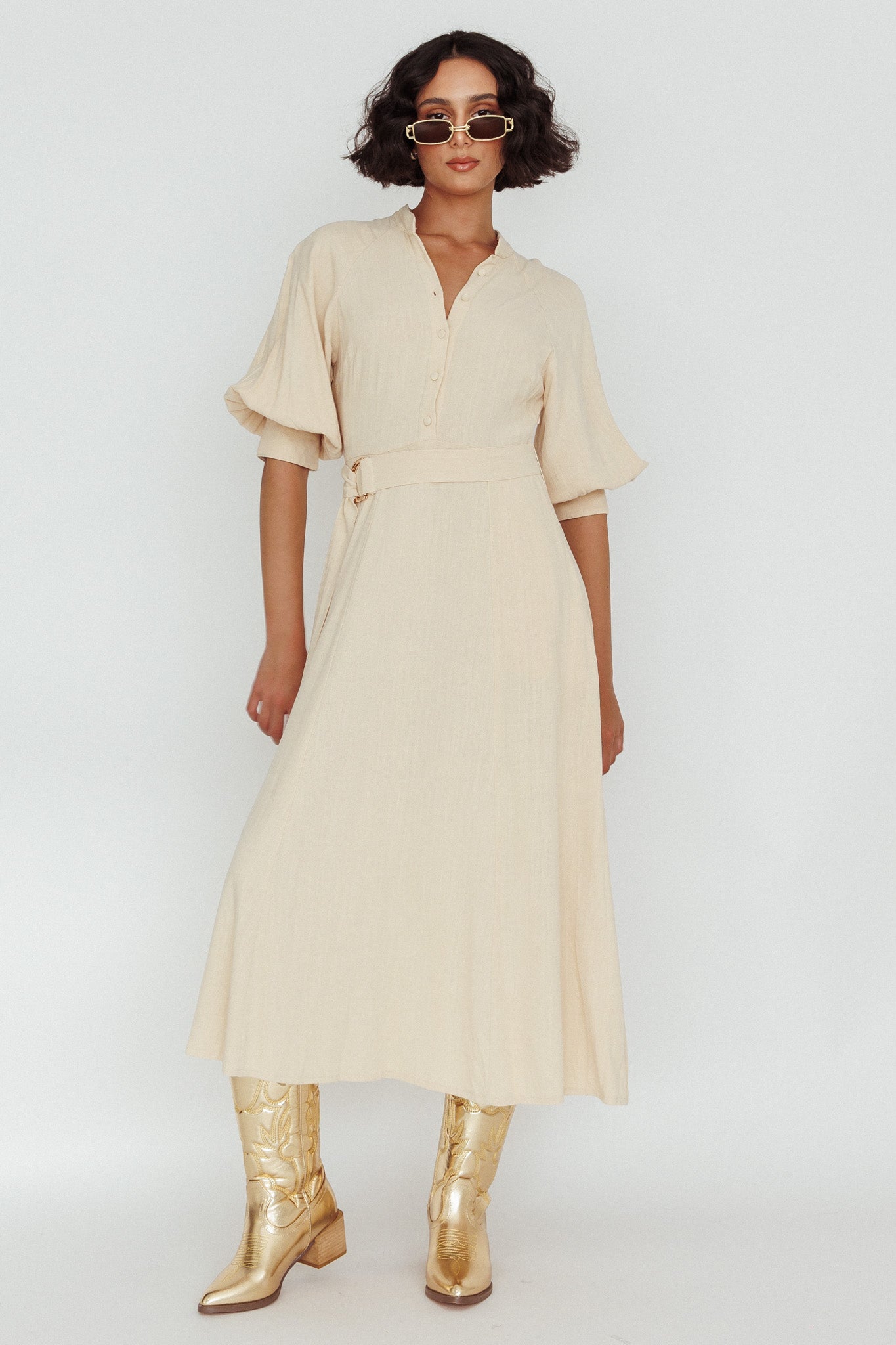 Mallory Belted Waist Lantern Sleeve Midi Dress Beige-Maymioy