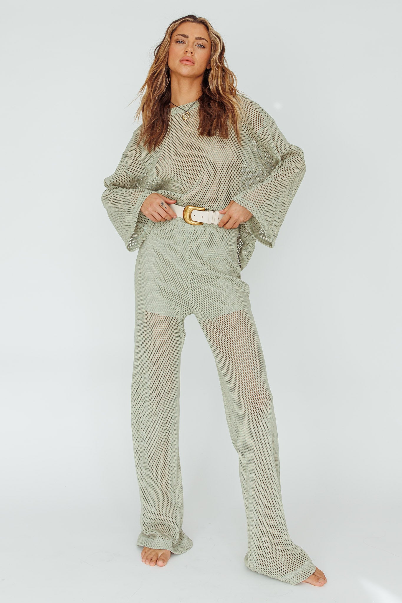 Mahina Long Sleeve Net Top Sage-Maymioy