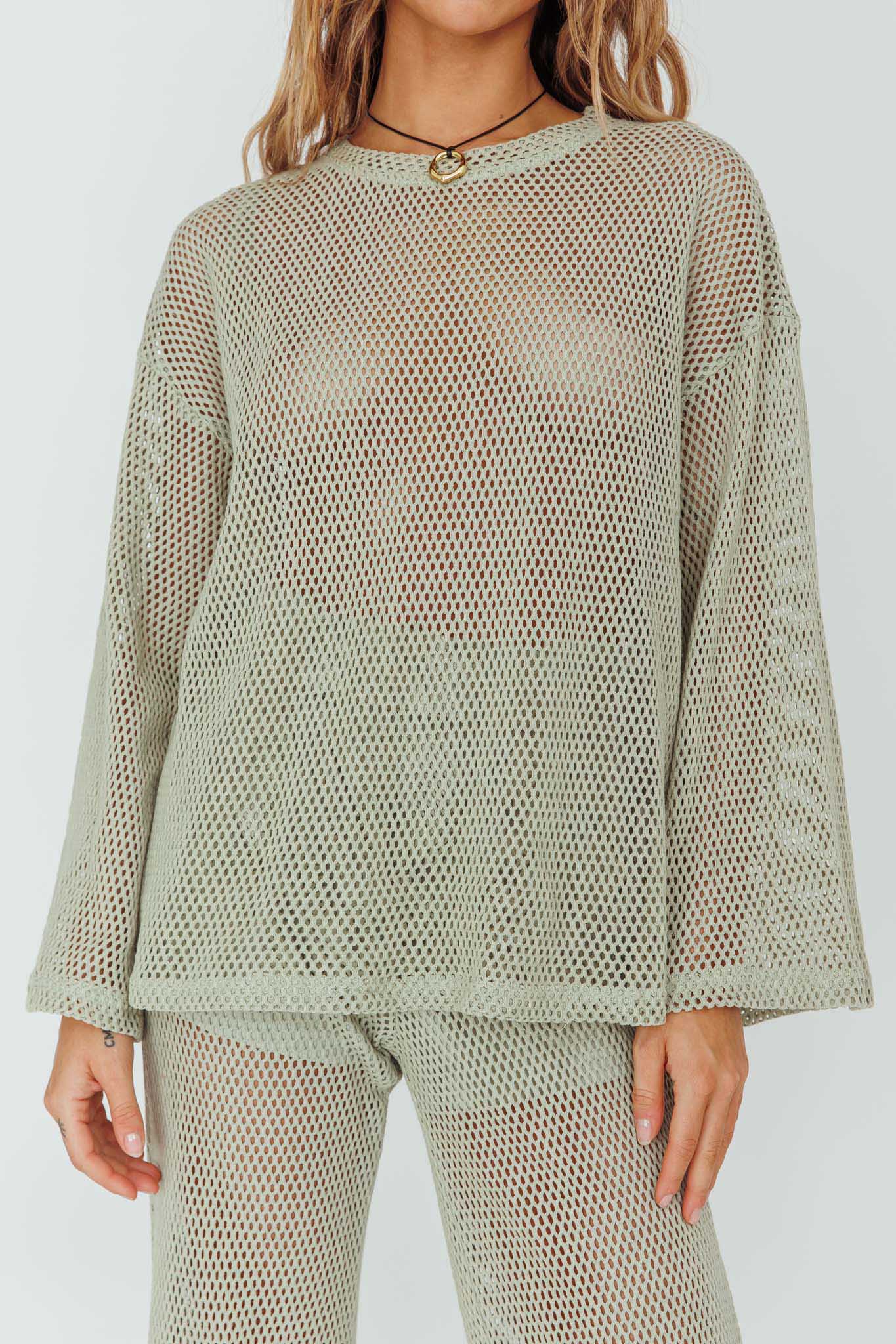Mahina Long Sleeve Net Top Sage-Maymioy