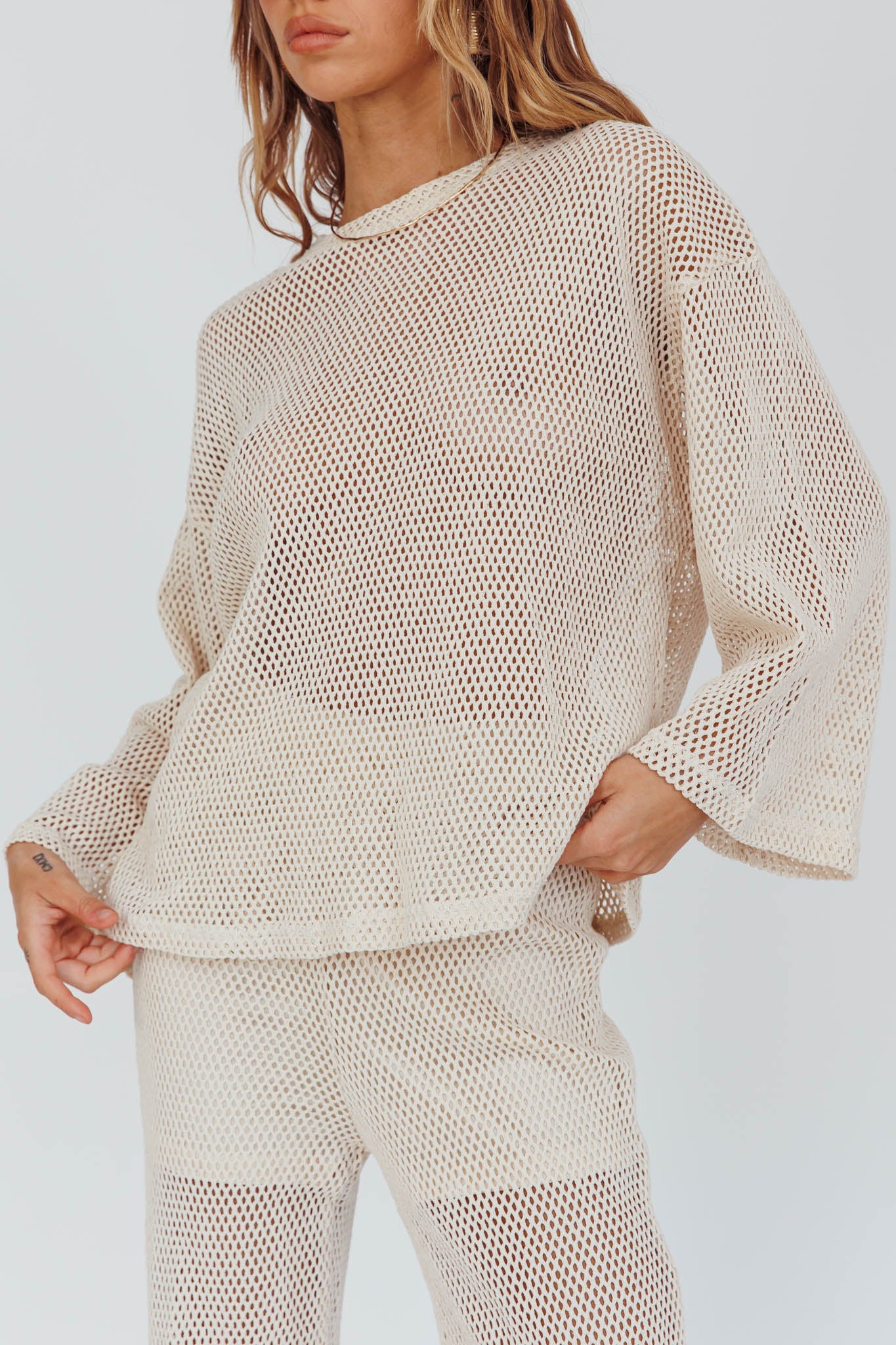 Mahina Long Sleeve Net Top Sand-Maymioy