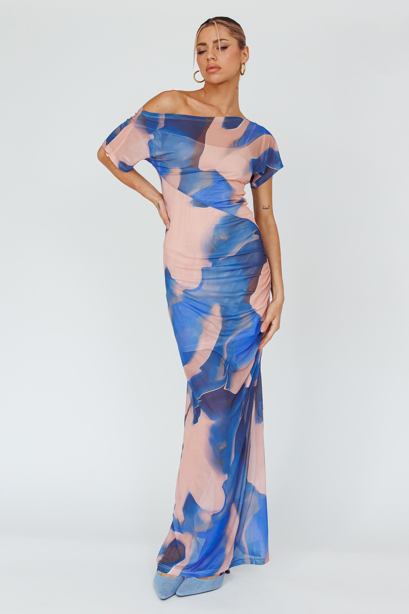 Tumi Short Sleeve Maxi Dress Printed Beige-Maymioy