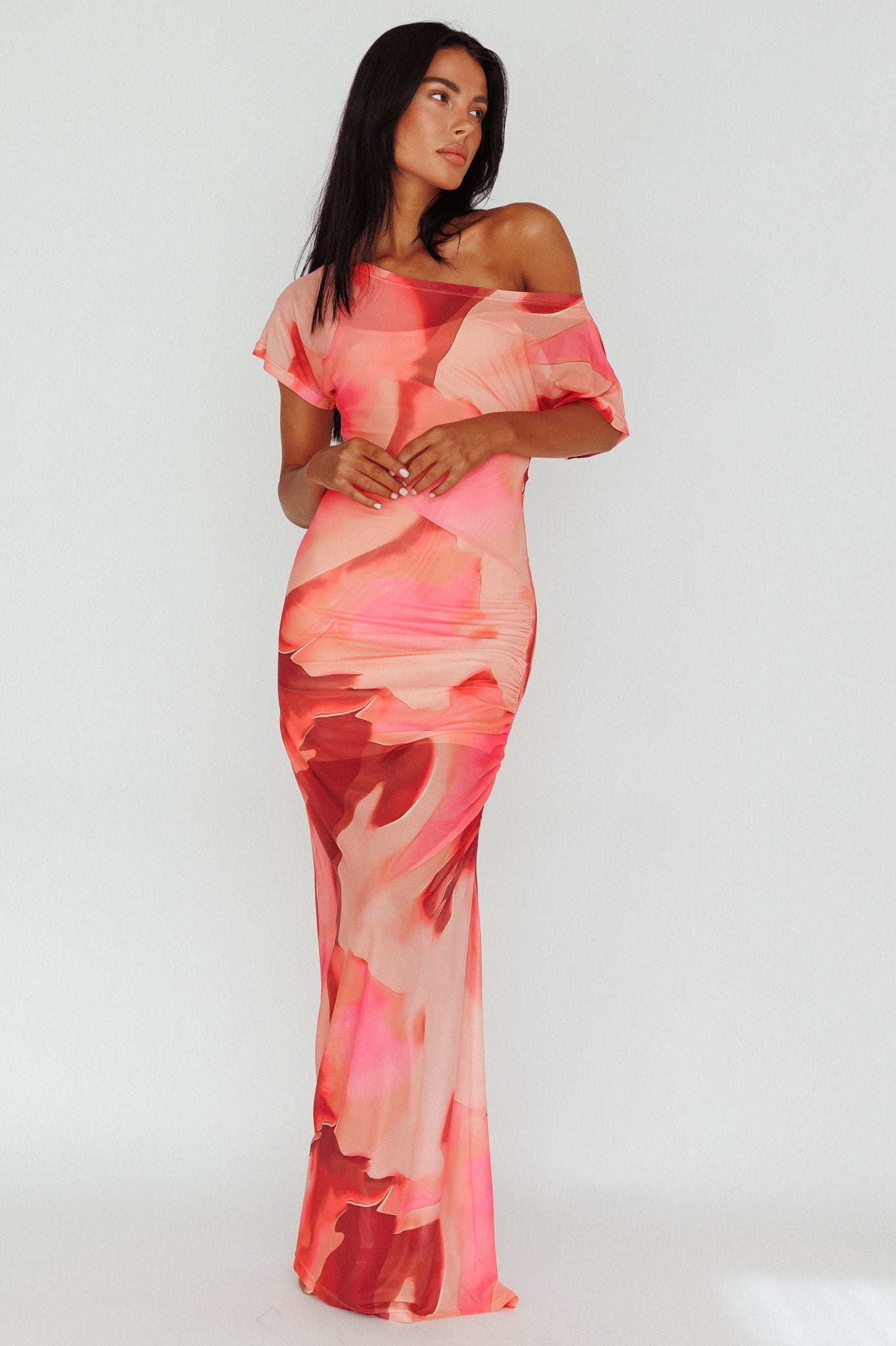 Tumi Short Sleeve Maxi Dress Printed Red-Maymioy