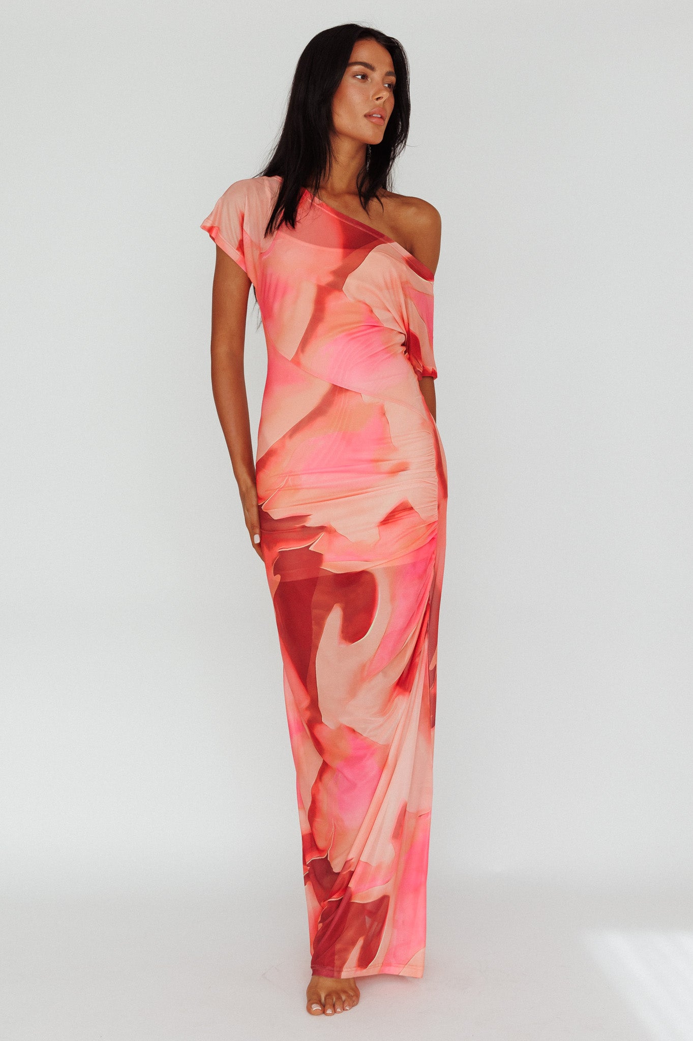 Tumi Short Sleeve Maxi Dress Printed Red-Maymioy