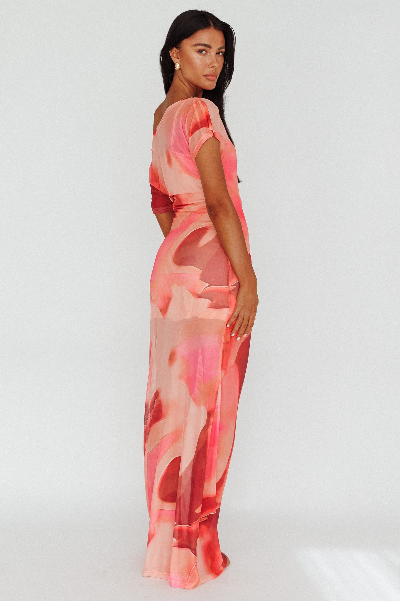 Tumi Short Sleeve Maxi Dress Printed Red-Maymioy