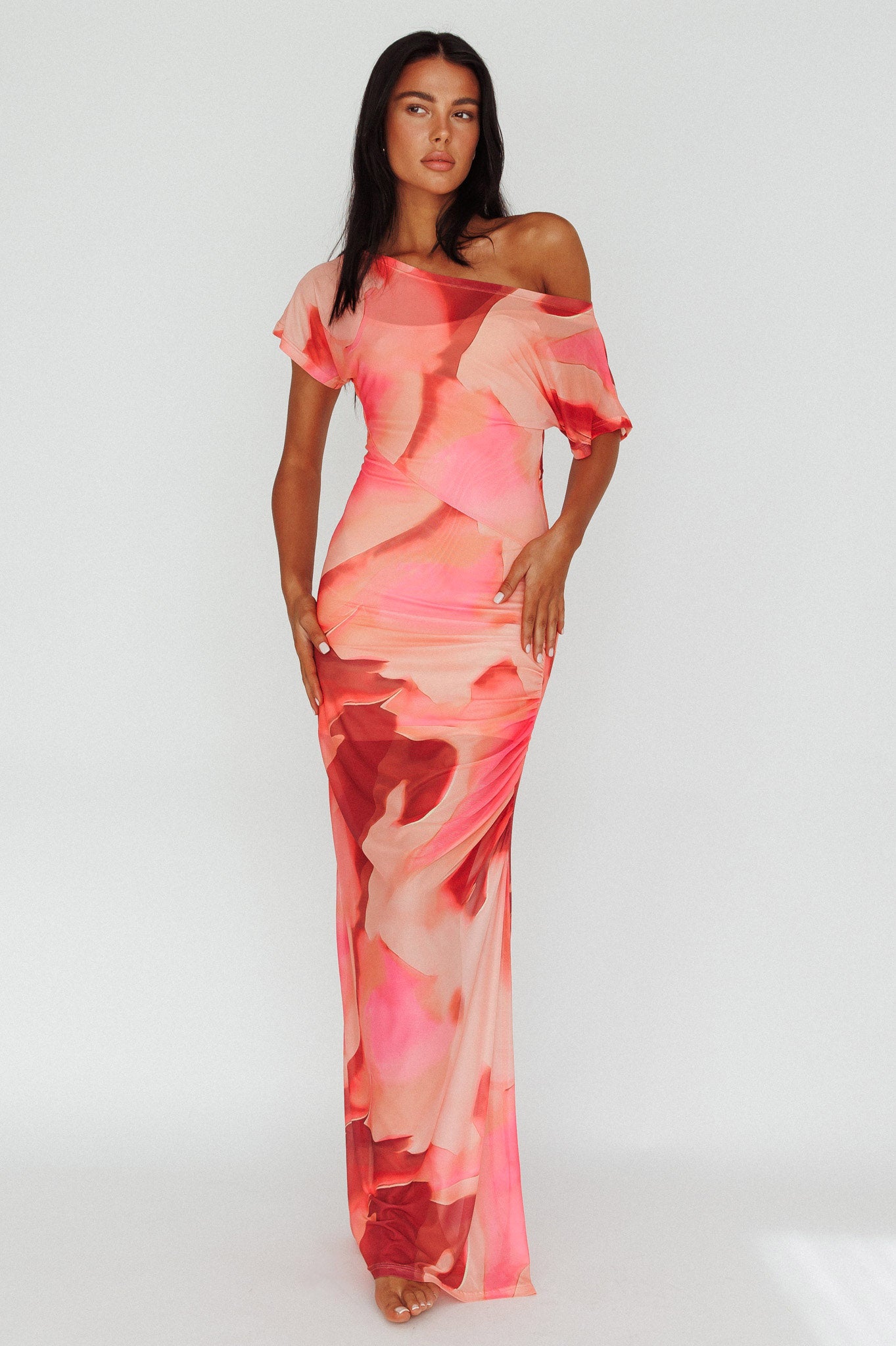 Tumi Short Sleeve Maxi Dress Printed Red-Maymioy