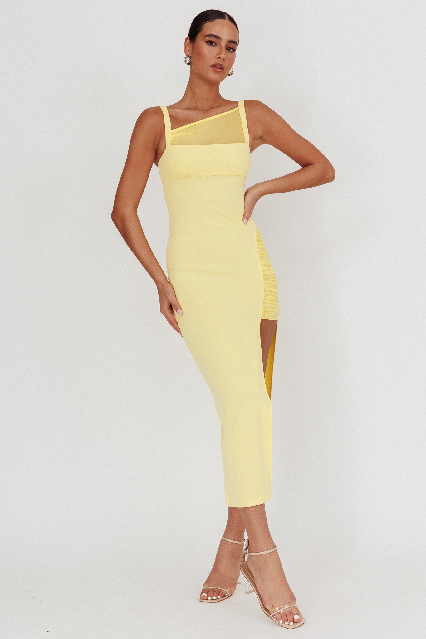Zenya Split Ruched Maxi Dress Butter-Maymioy
