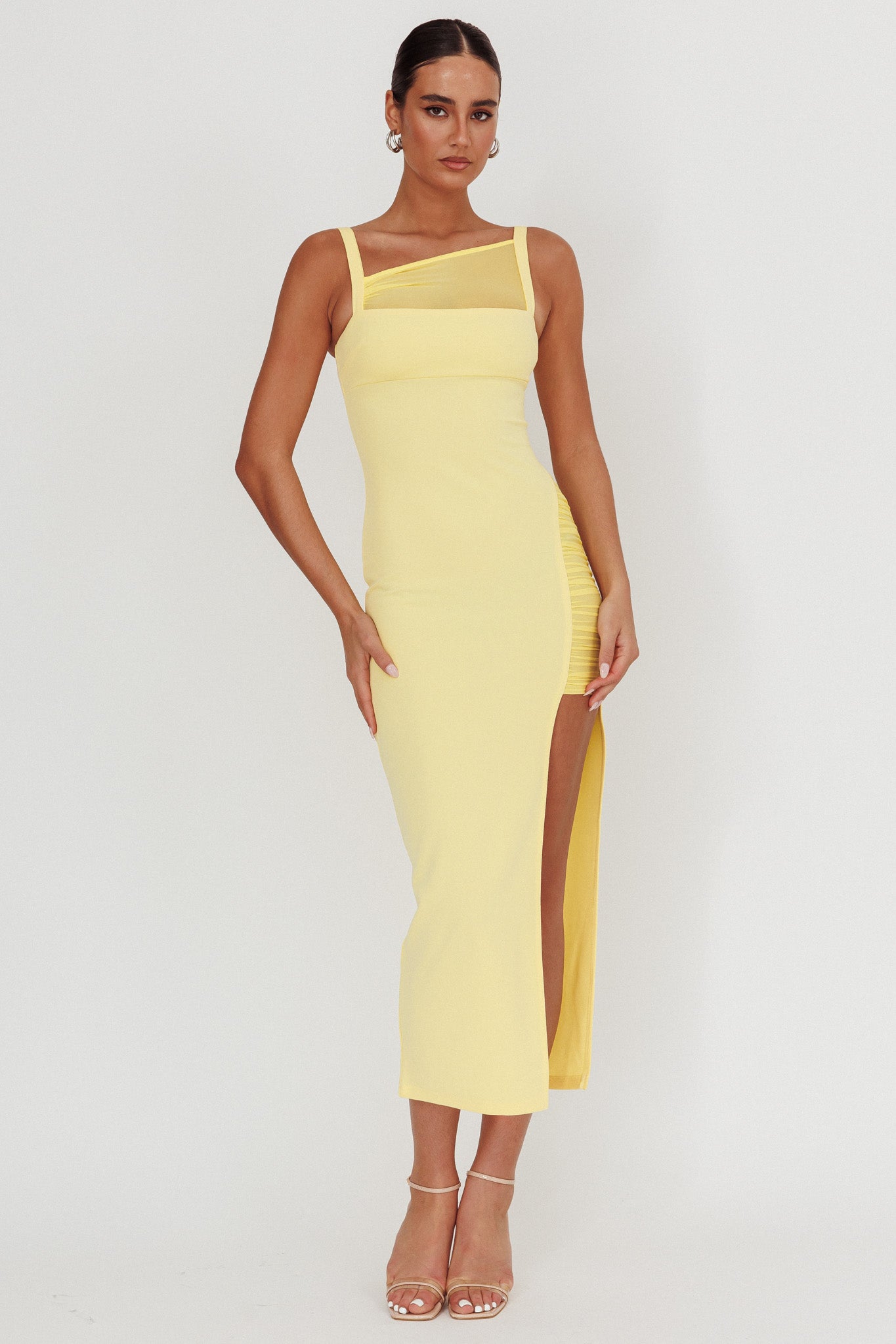 Zenya Split Ruched Maxi Dress Butter-Maymioy
