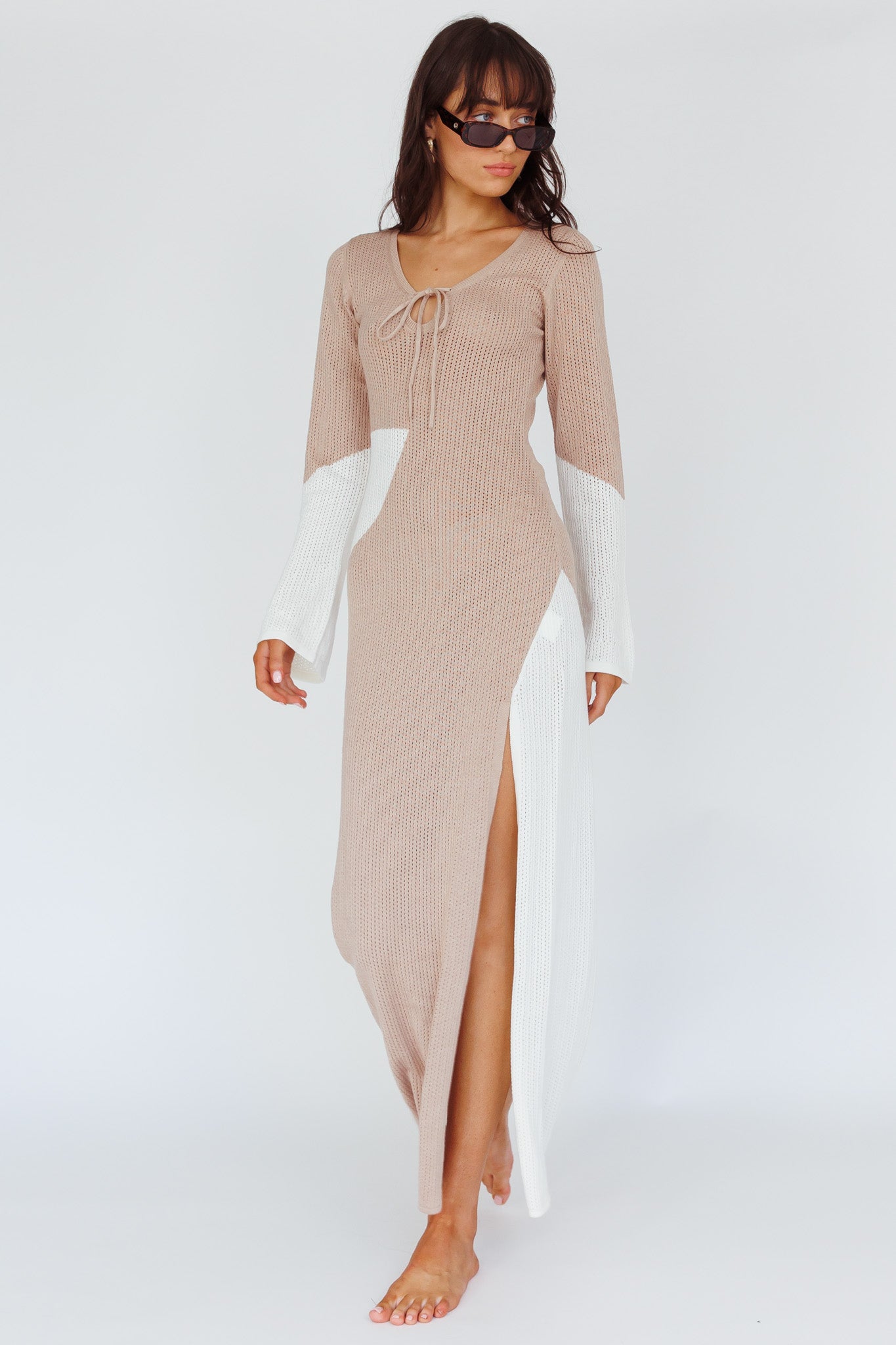 Karsen Long Sleeve Crochet Maxi Dress Beige-Maymioy