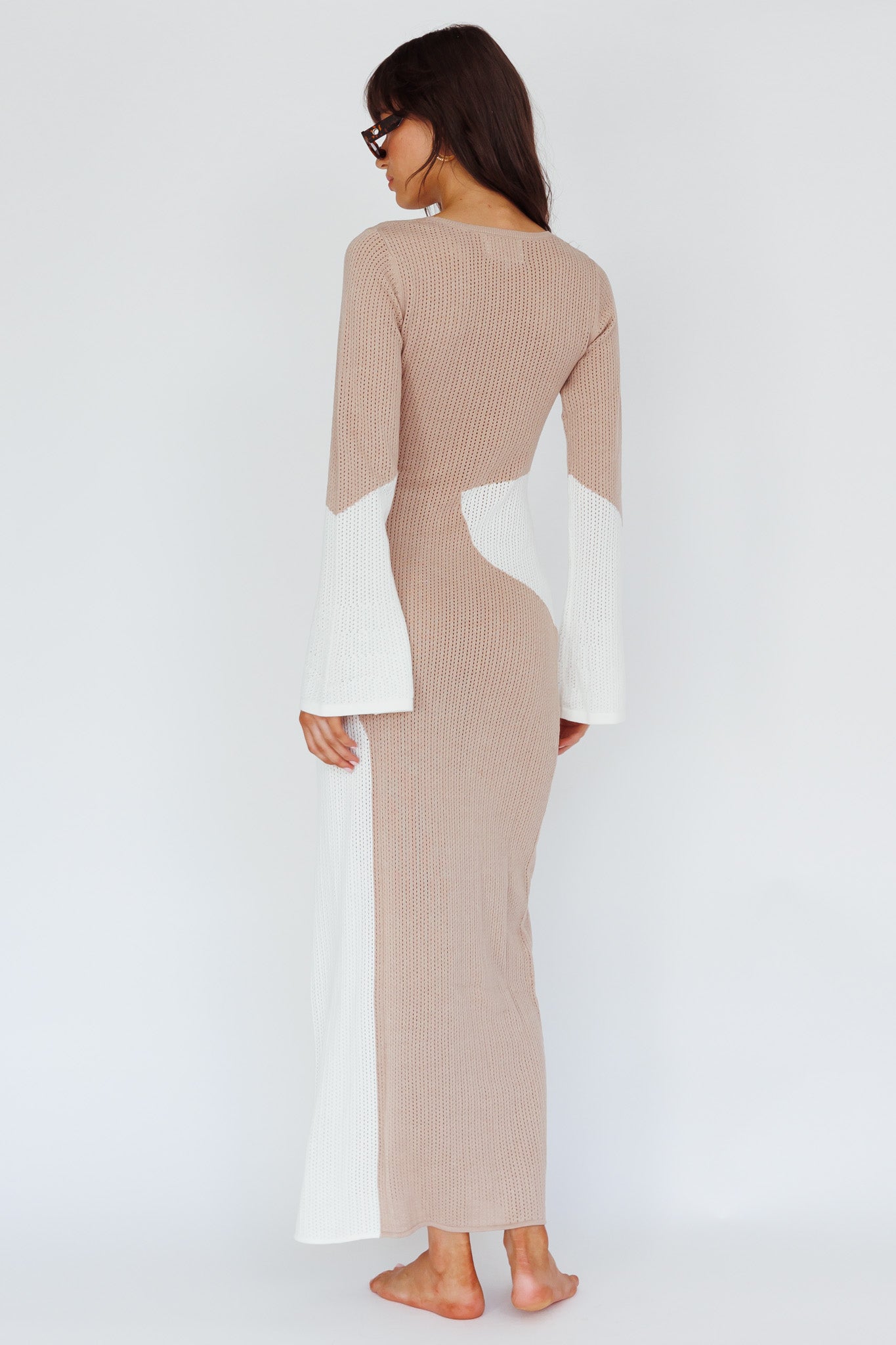 Karsen Long Sleeve Crochet Maxi Dress Beige-Maymioy