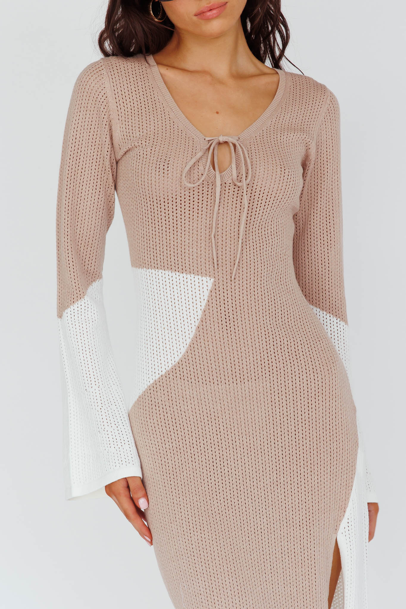 Karsen Long Sleeve Crochet Maxi Dress Beige-Maymioy