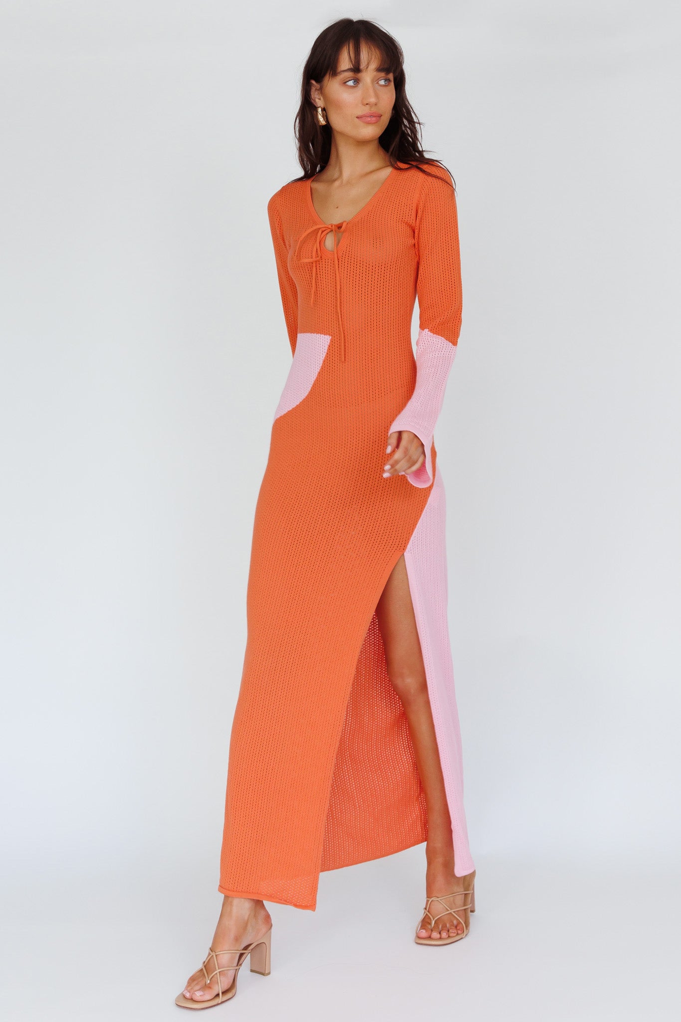 Karsen Long Sleeve Crochet Maxi Dress Orange-Maymioy