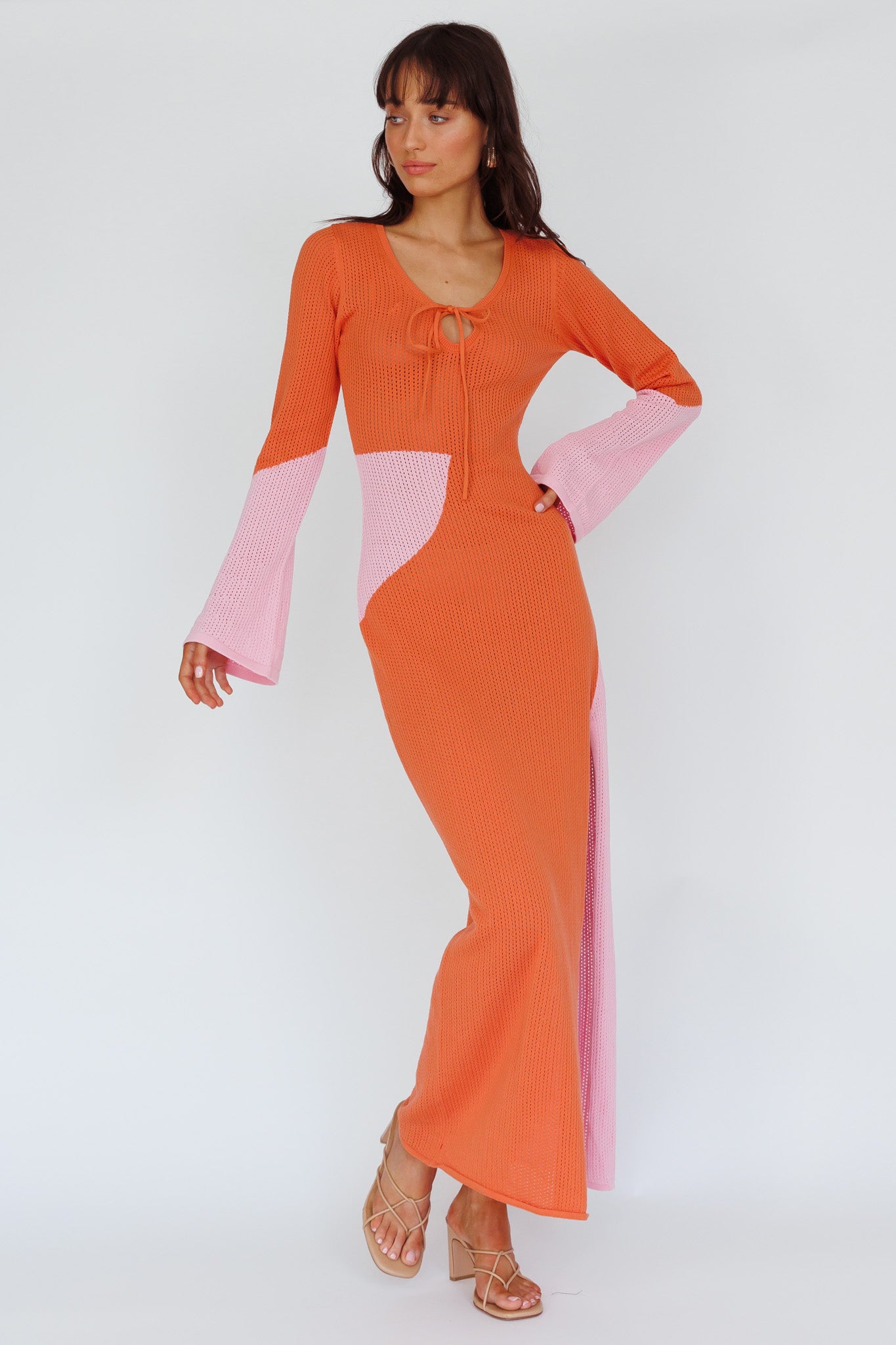 Karsen Long Sleeve Crochet Maxi Dress Orange-Maymioy