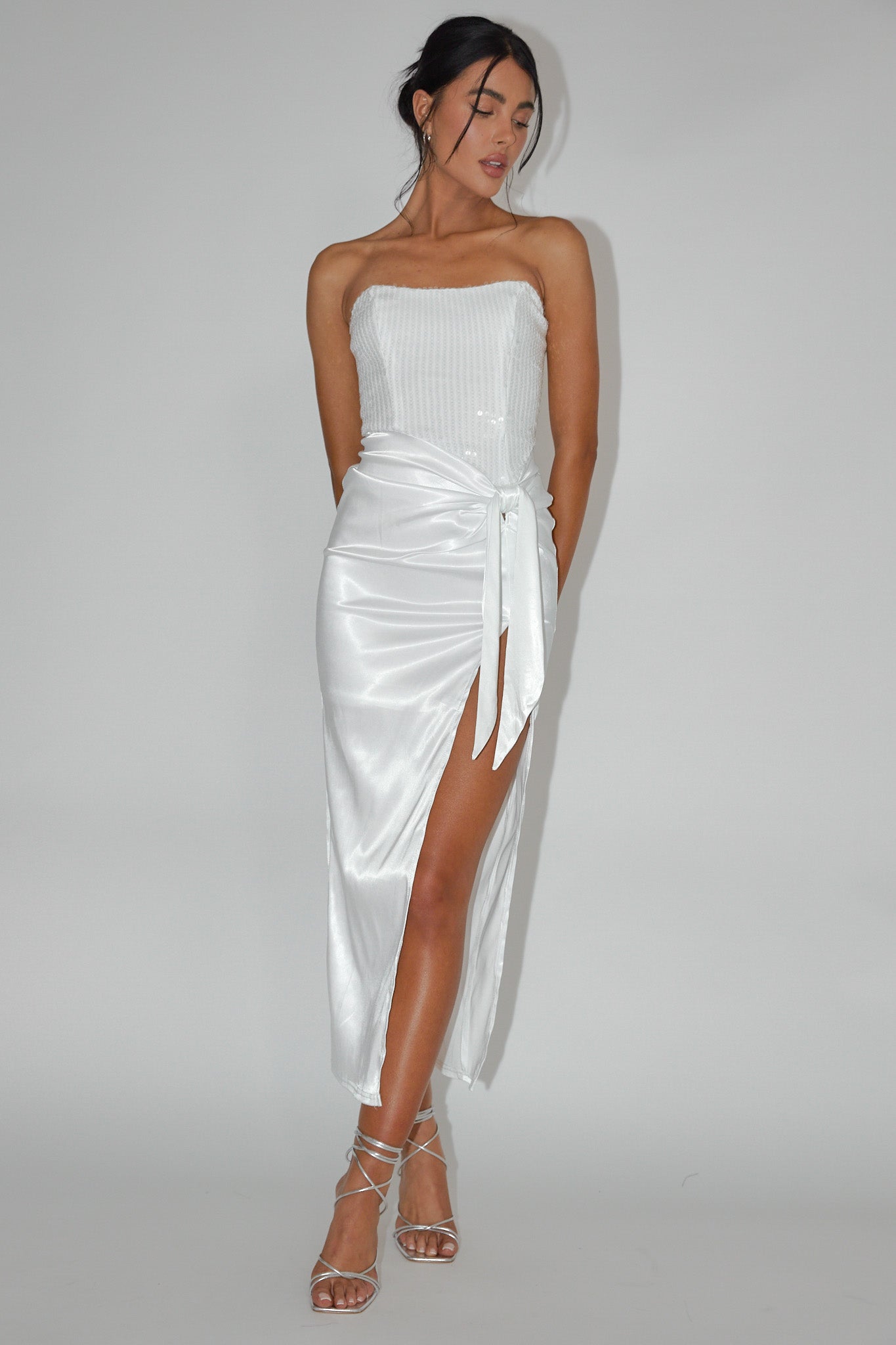 Yadira Sequin Bodice Satin Midi Dress White-Maymioy