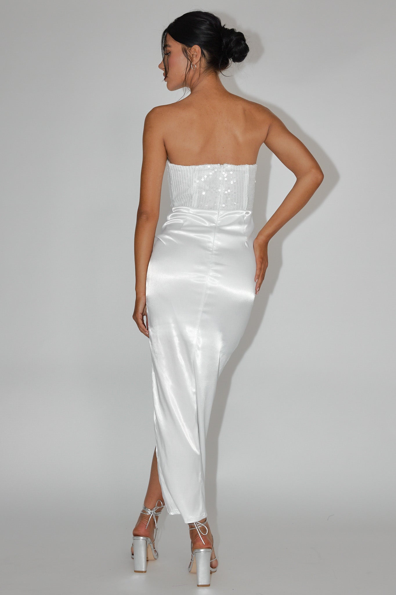 Yadira Sequin Bodice Satin Midi Dress White-Maymioy