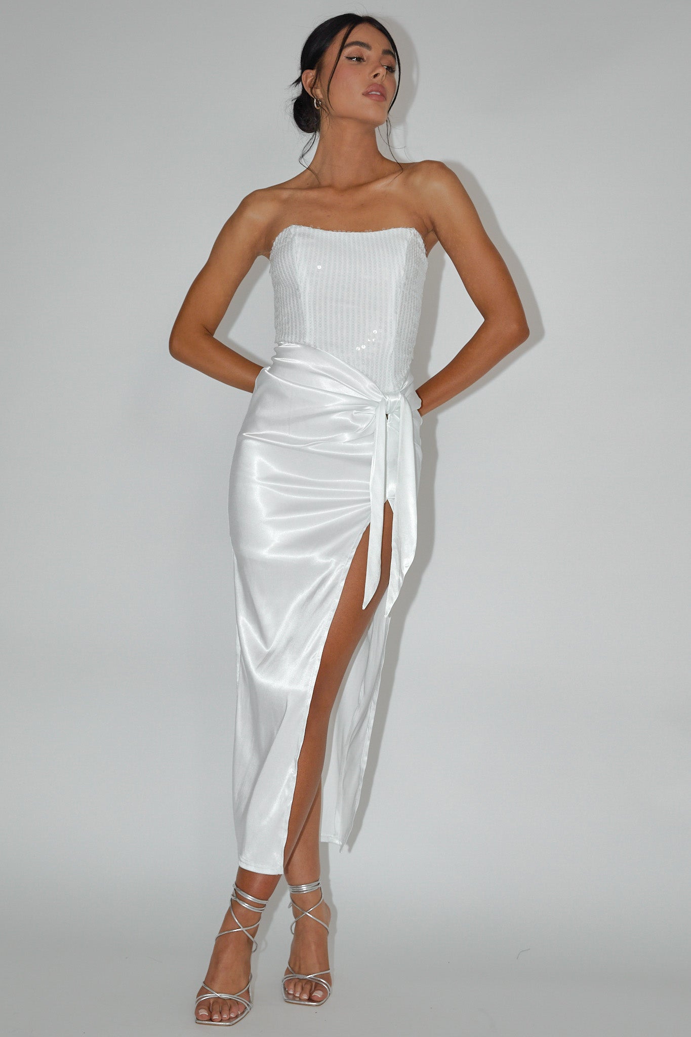 Yadira Sequin Bodice Satin Midi Dress White-Maymioy