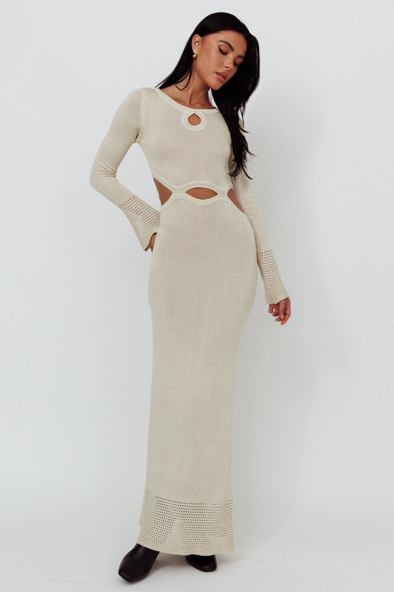 Java Long Sleeve Cut-Out Knit Maxi Dress Coconut-Maymioy