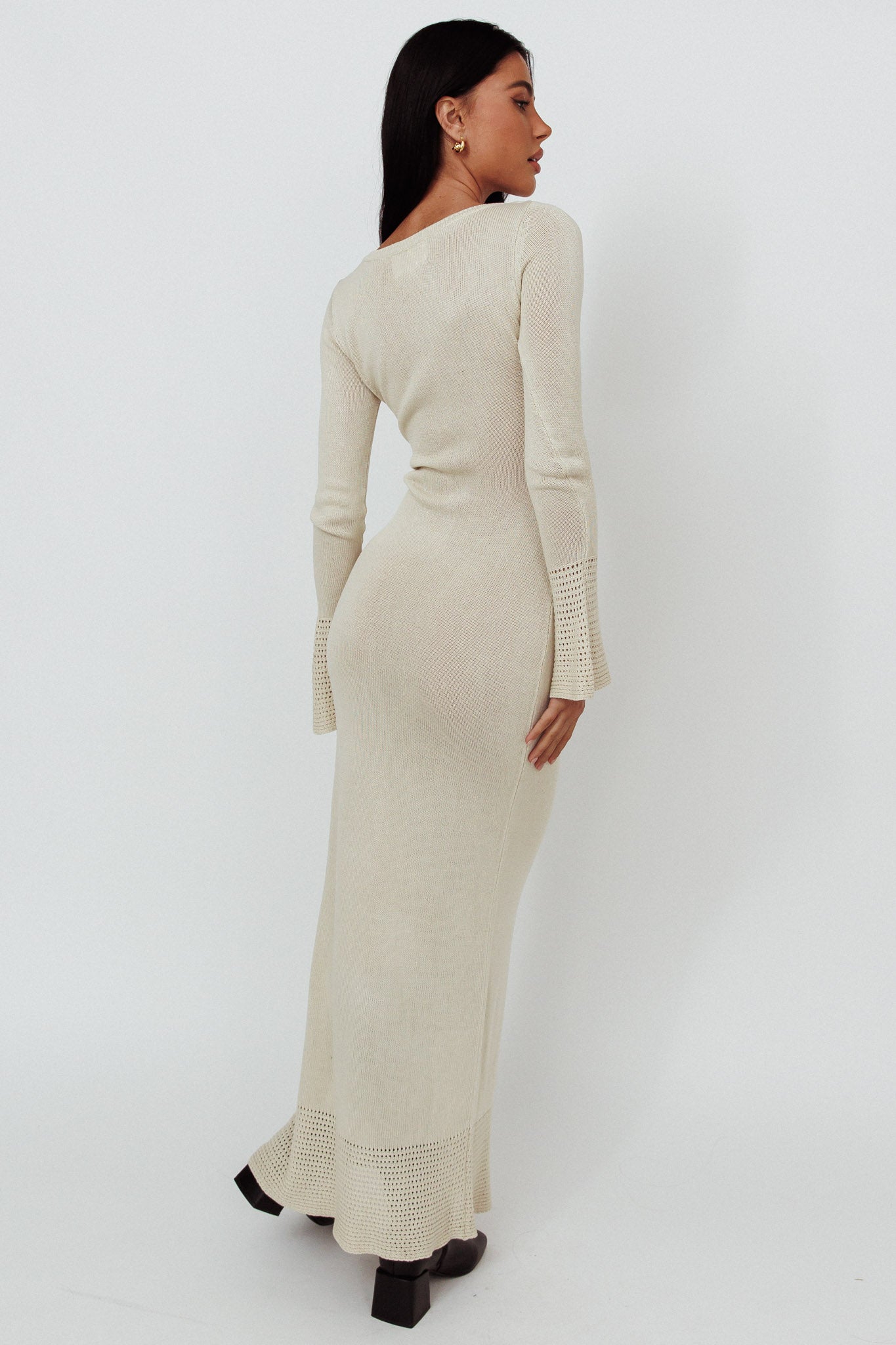 Java Long Sleeve Cut-Out Knit Maxi Dress Coconut-Maymioy