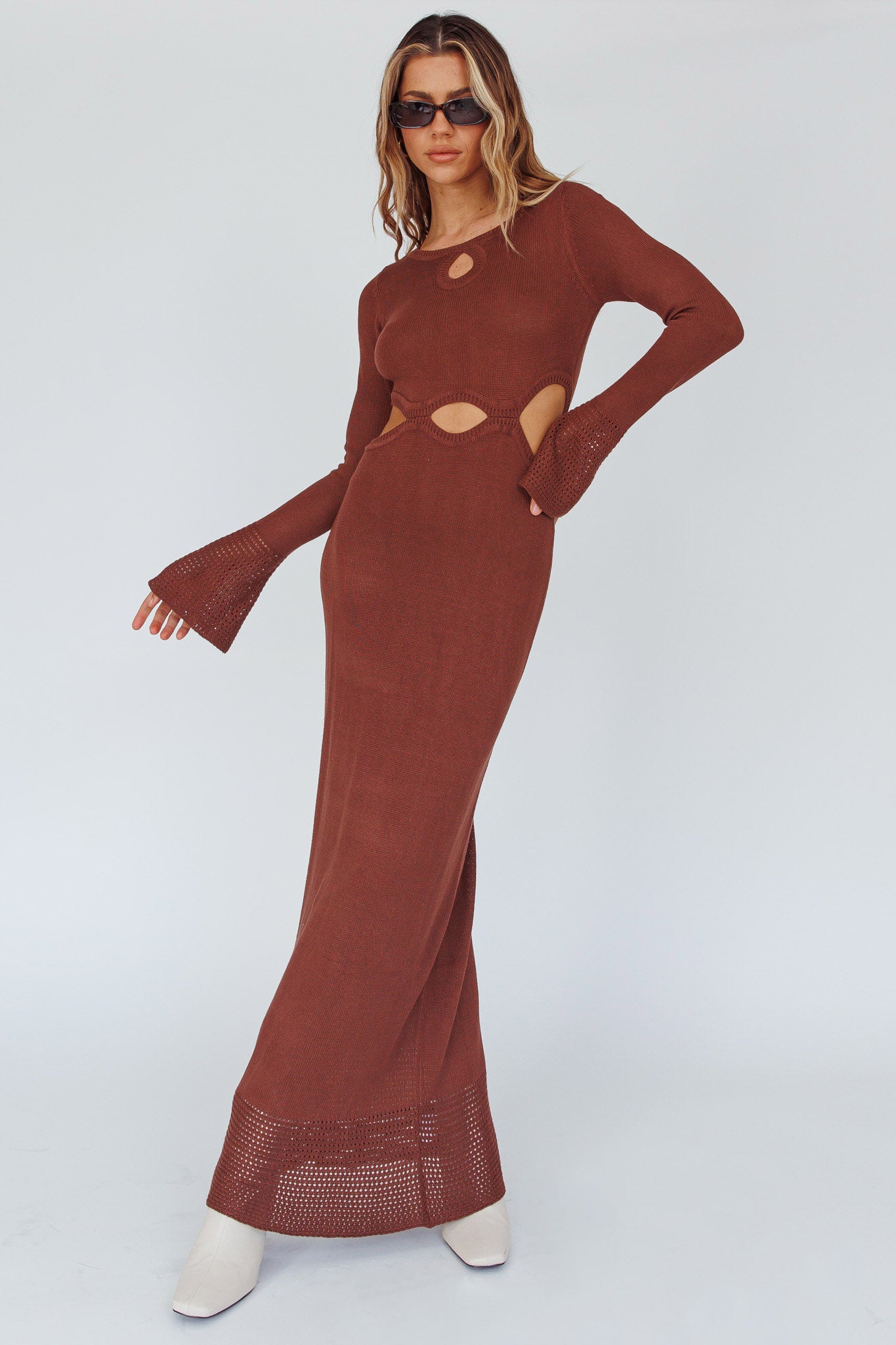 Long Sleeve Cut-Out Knit Maxi Dress Coffee-Maymioy