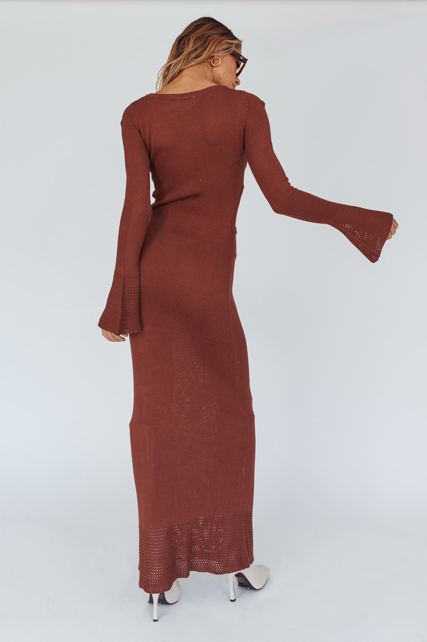Long Sleeve Cut-Out Knit Maxi Dress Coffee-Maymioy