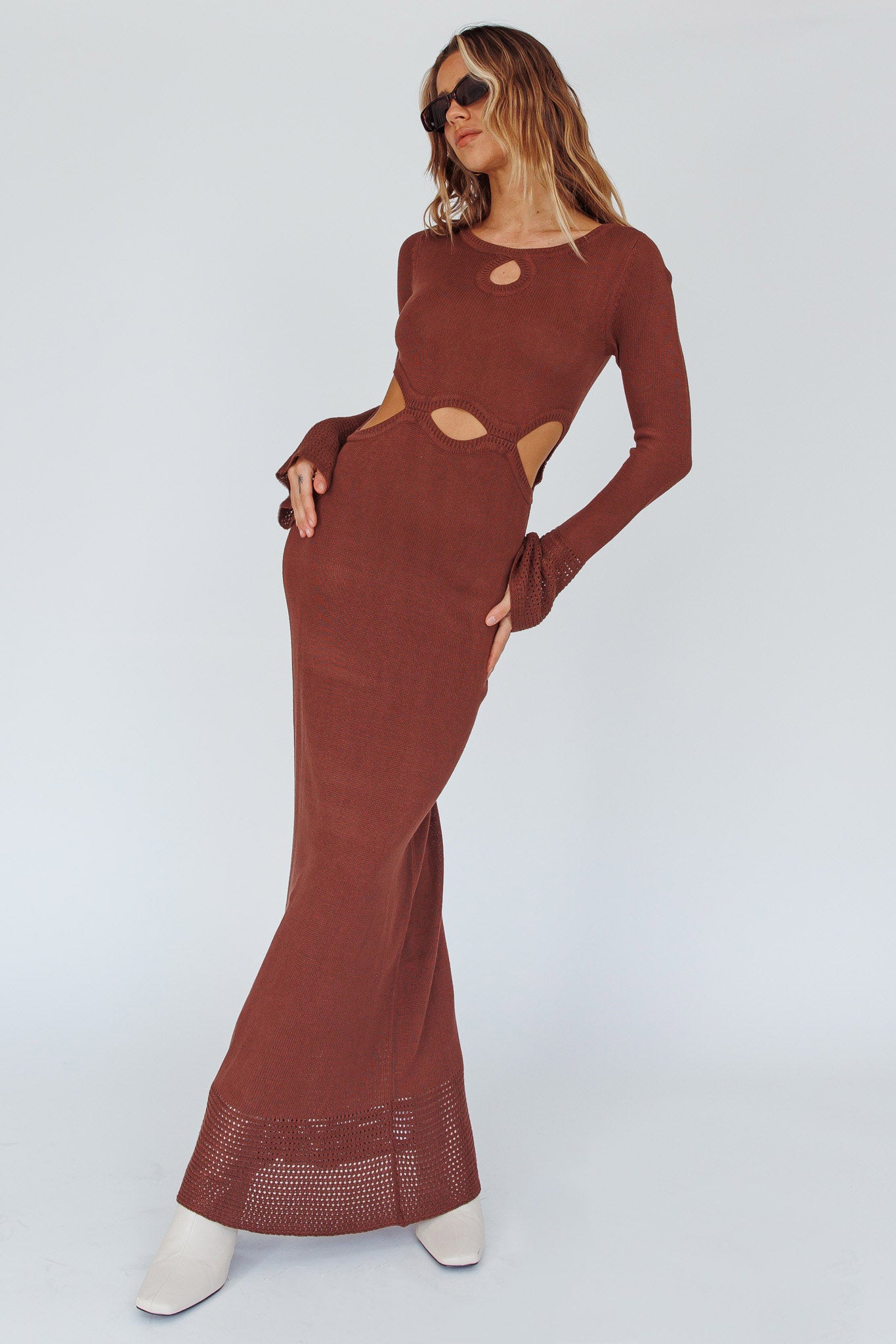 Long Sleeve Cut-Out Knit Maxi Dress Coffee-Maymioy