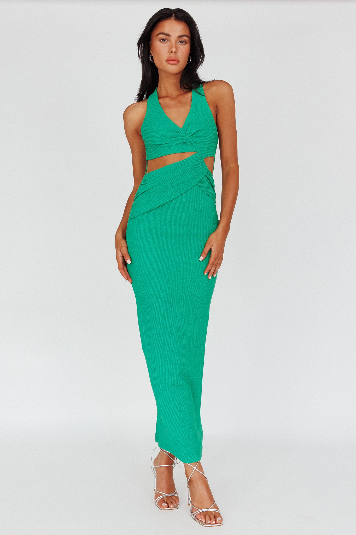 Giulia Cut-out Ribbed Halterneck Midi Dress Green-Maymioy