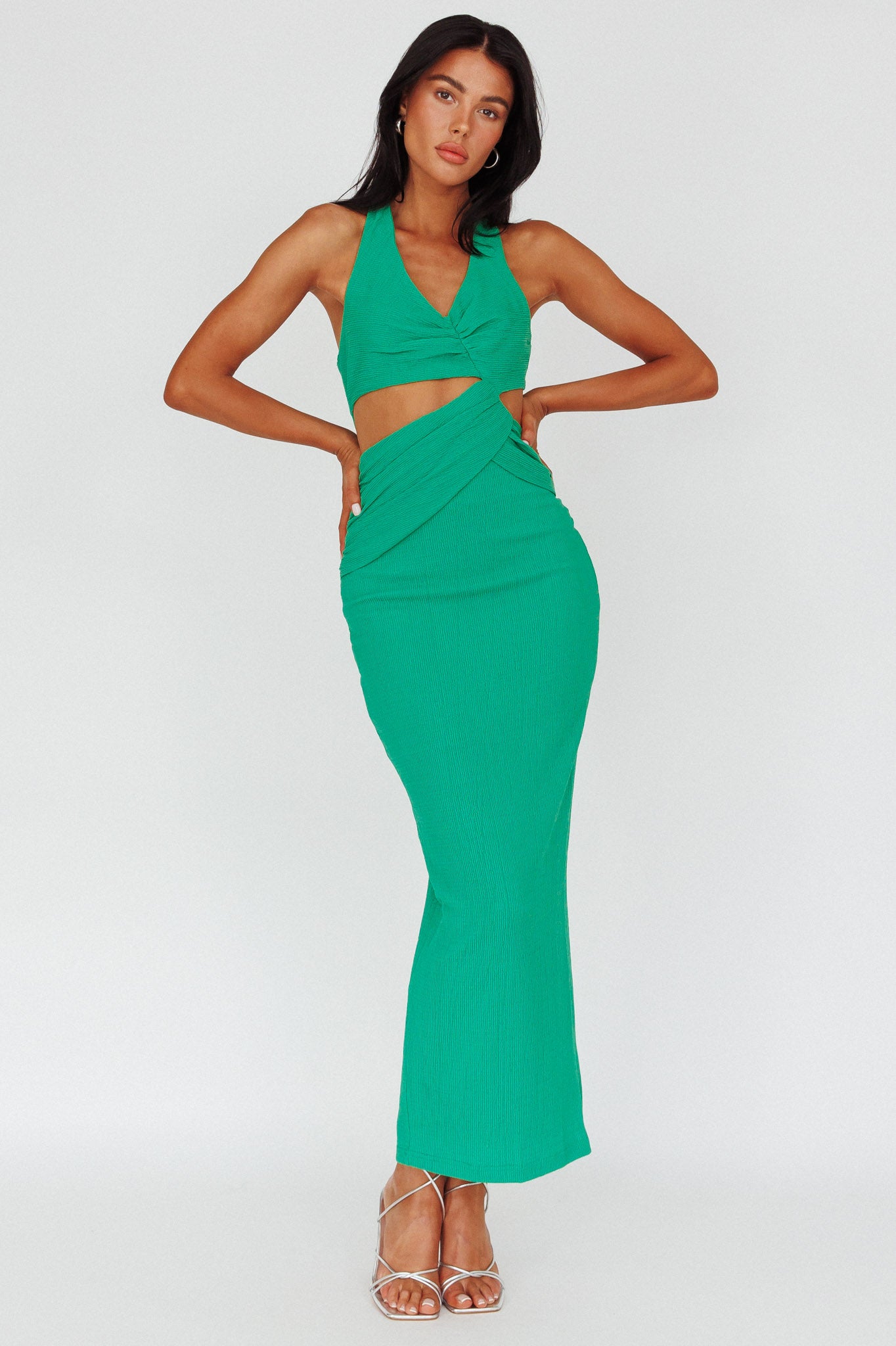 Giulia Cut-out Ribbed Halterneck Midi Dress Green-Maymioy