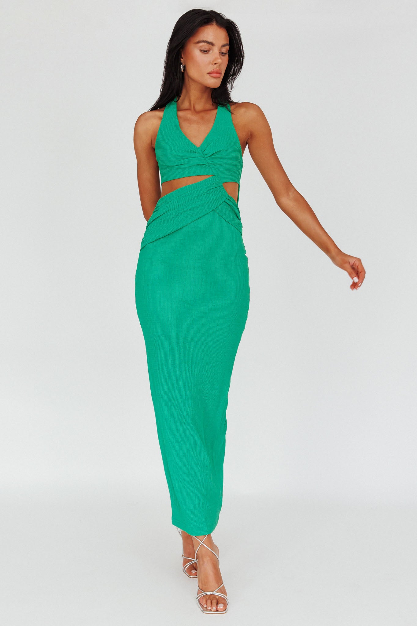 Giulia Cut-out Ribbed Halterneck Midi Dress Green-Maymioy