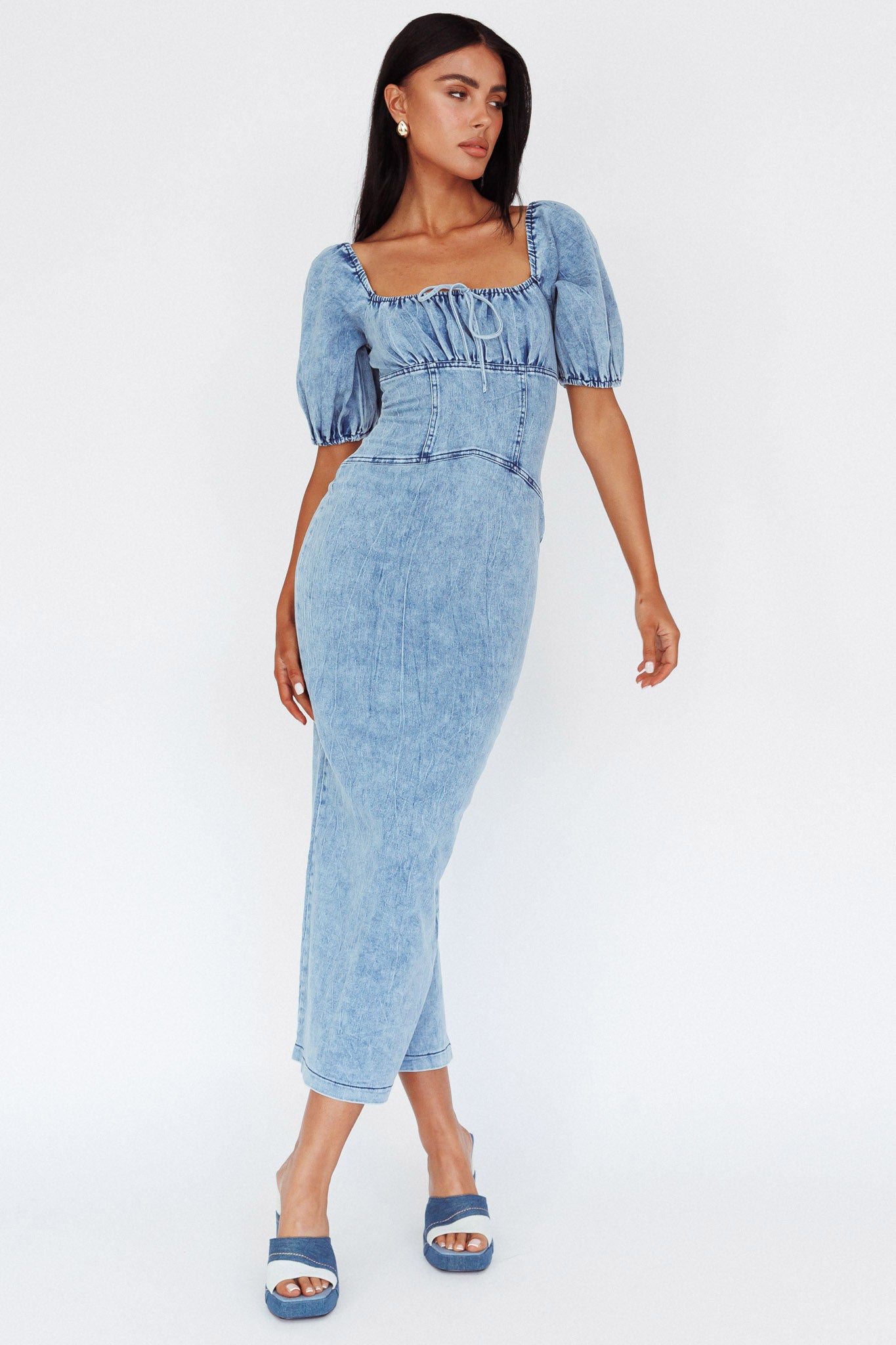 Juneau Puff Sleeve Midi Dress Denim Blue-Maymioy