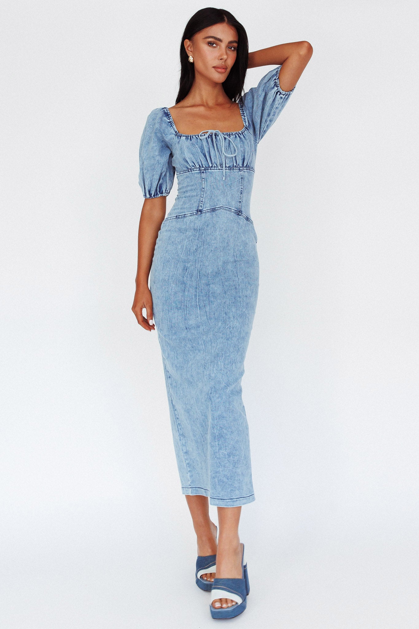 Juneau Puff Sleeve Midi Dress Denim Blue-Maymioy
