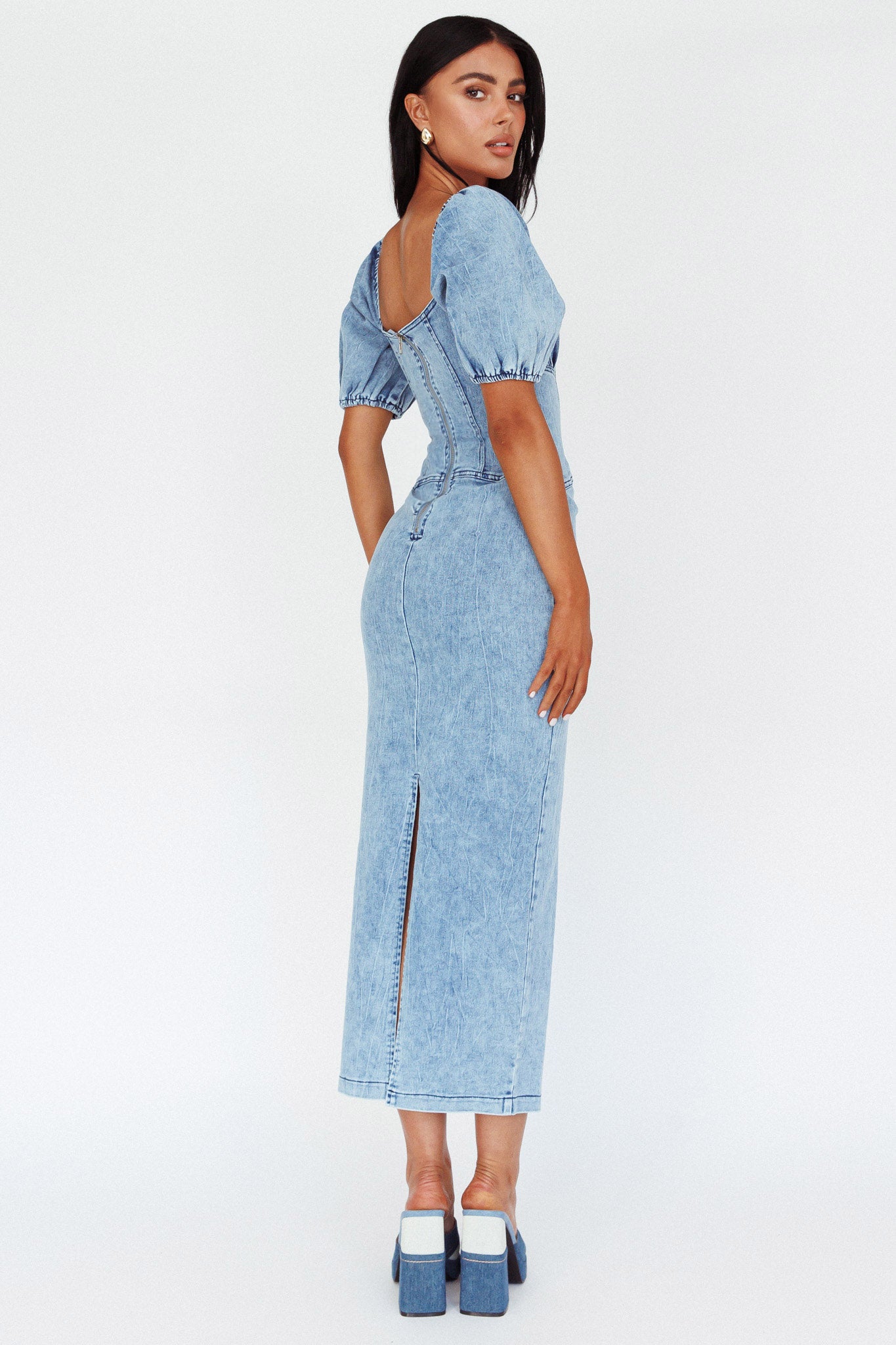 Juneau Puff Sleeve Midi Dress Denim Blue-Maymioy