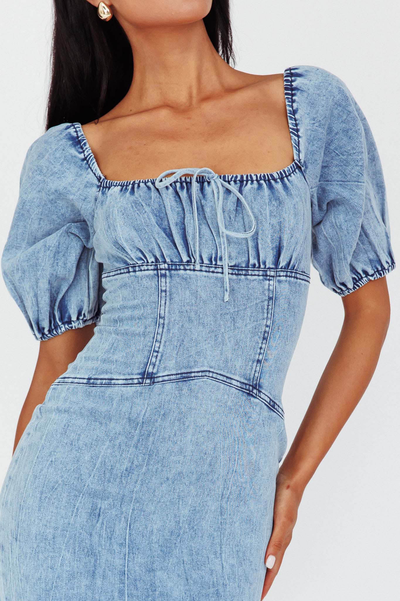 Juneau Puff Sleeve Midi Dress Denim Blue-Maymioy