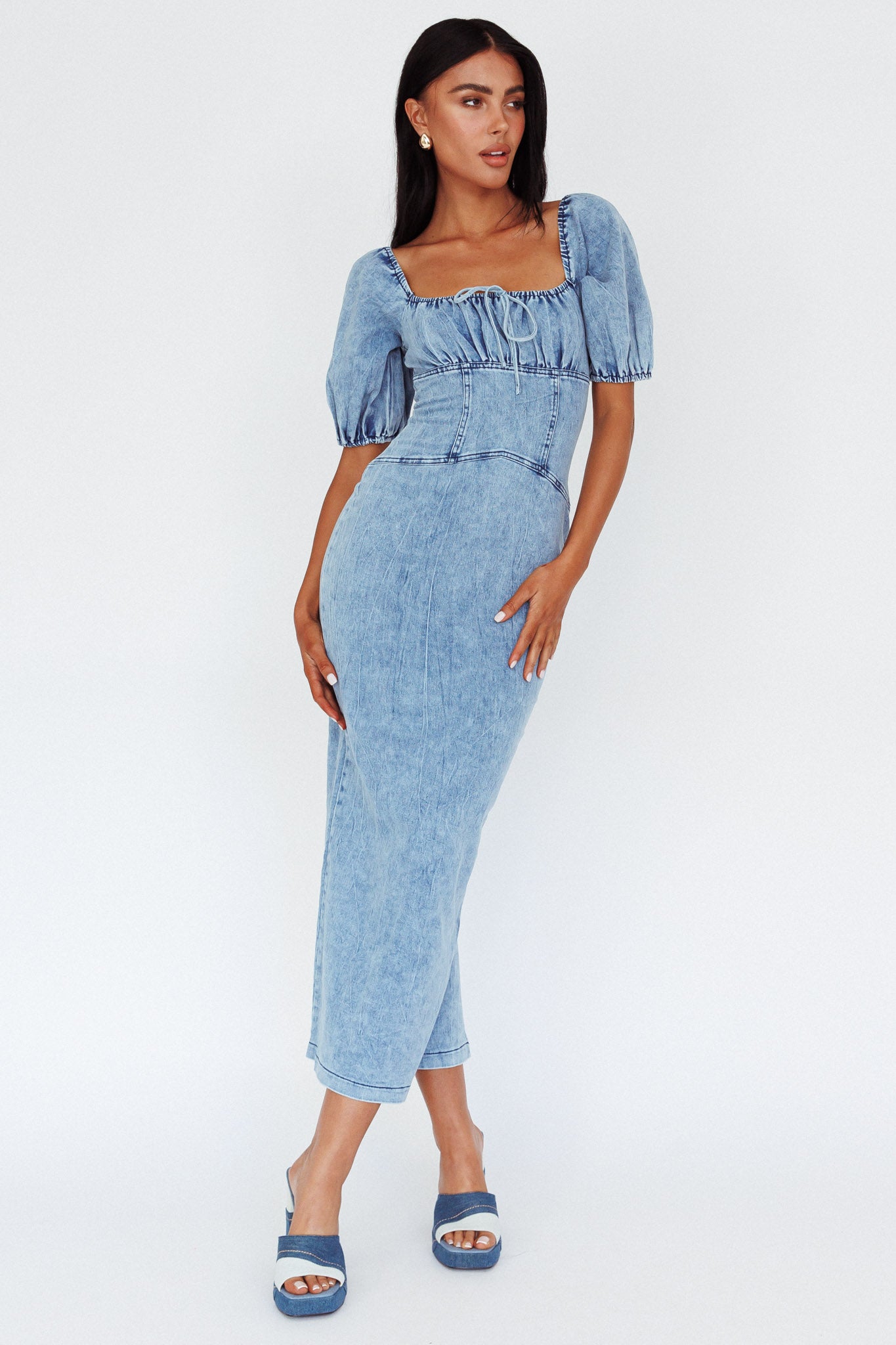 Juneau Puff Sleeve Midi Dress Denim Blue-Maymioy