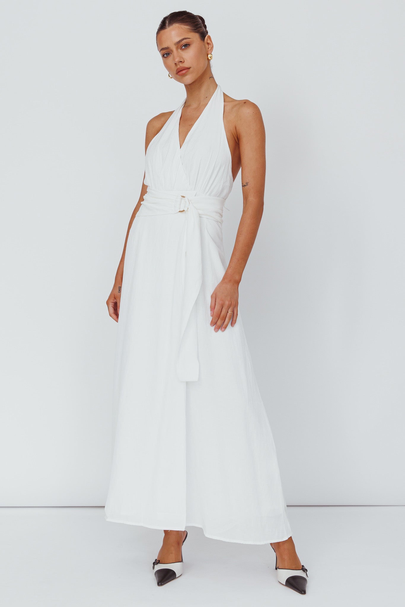 Spring Feels Halterneck Belt Maxi Dress White-Maymioy
