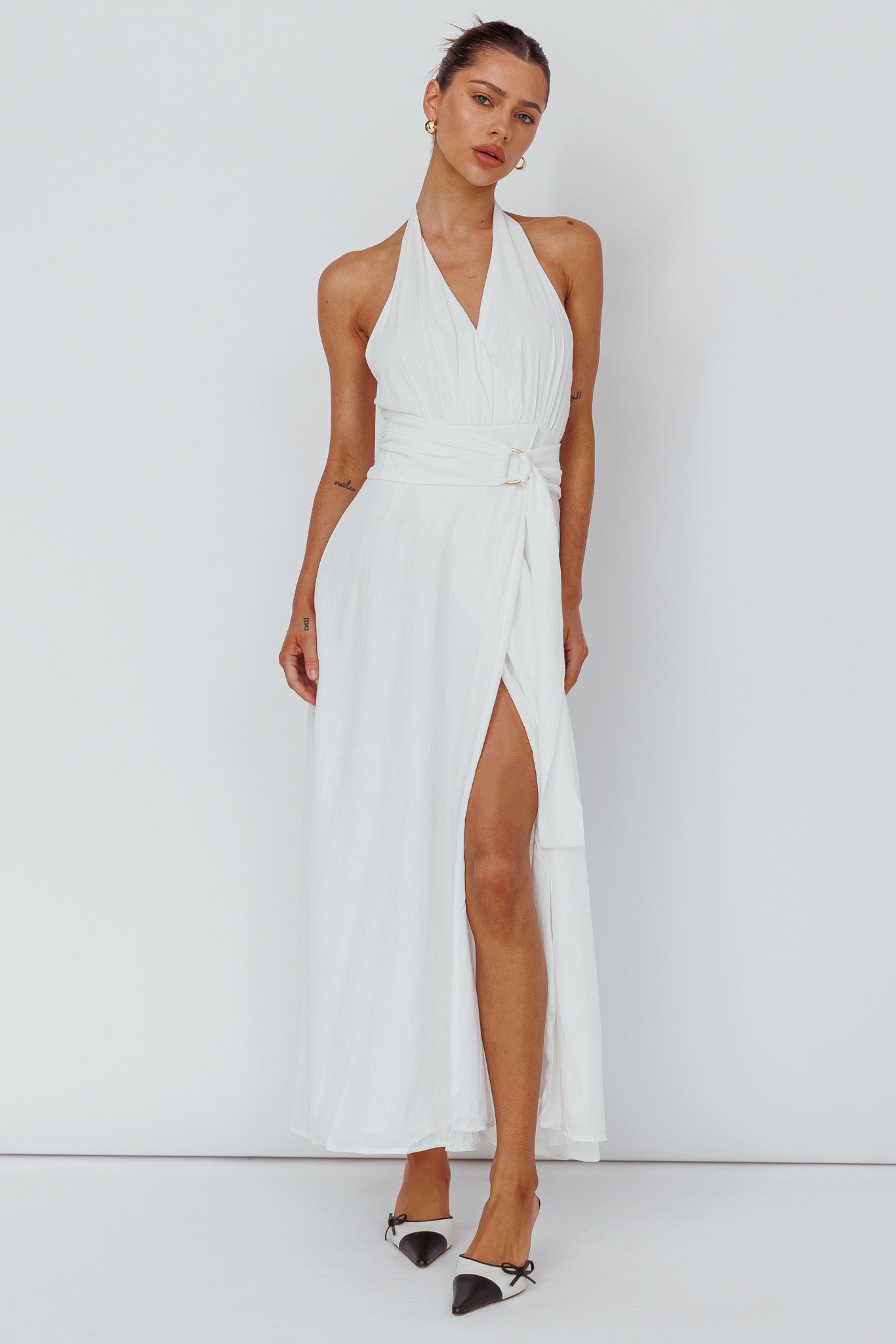 Spring Feels Halterneck Belt Maxi Dress White-Maymioy