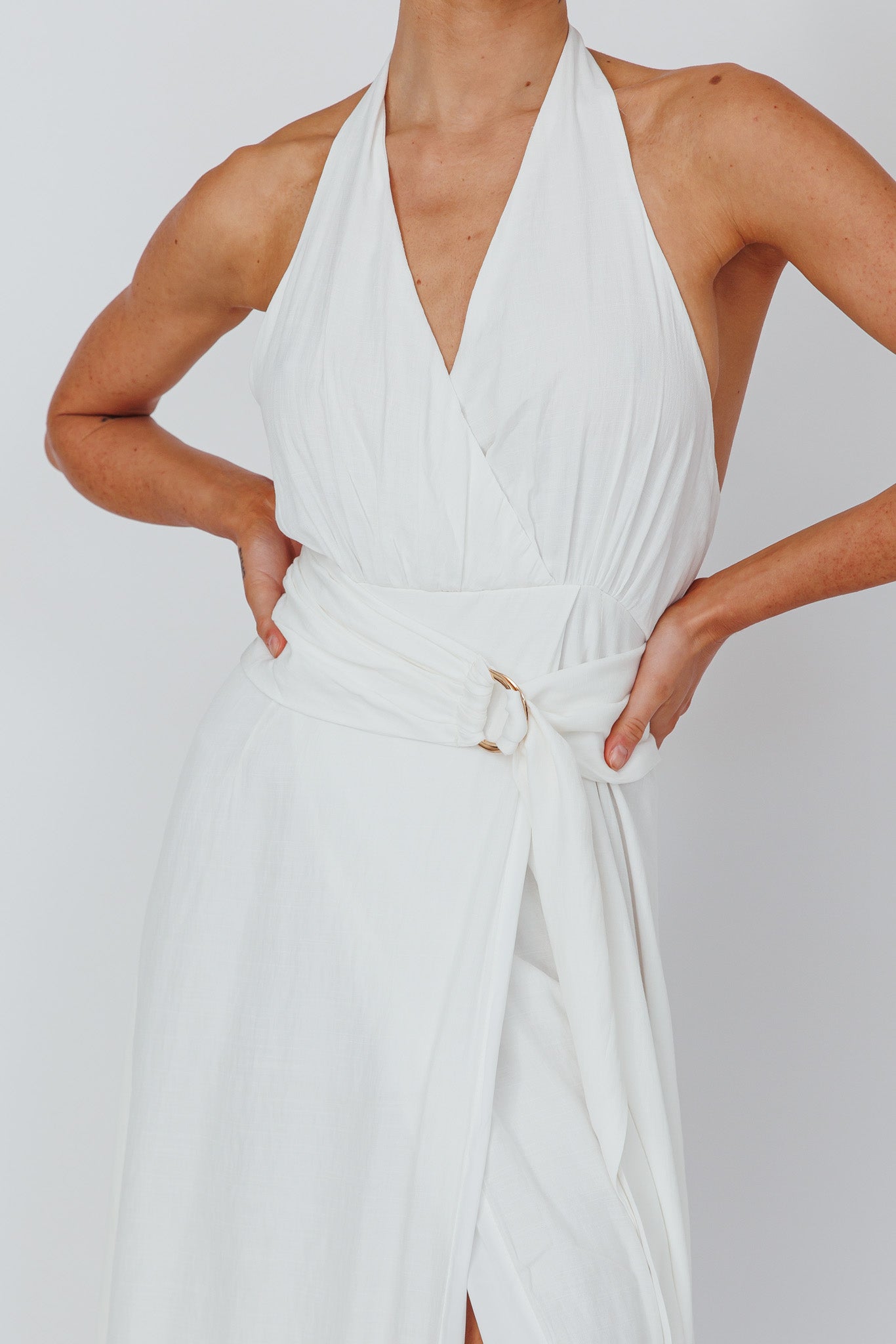 Spring Feels Halterneck Belt Maxi Dress White-Maymioy